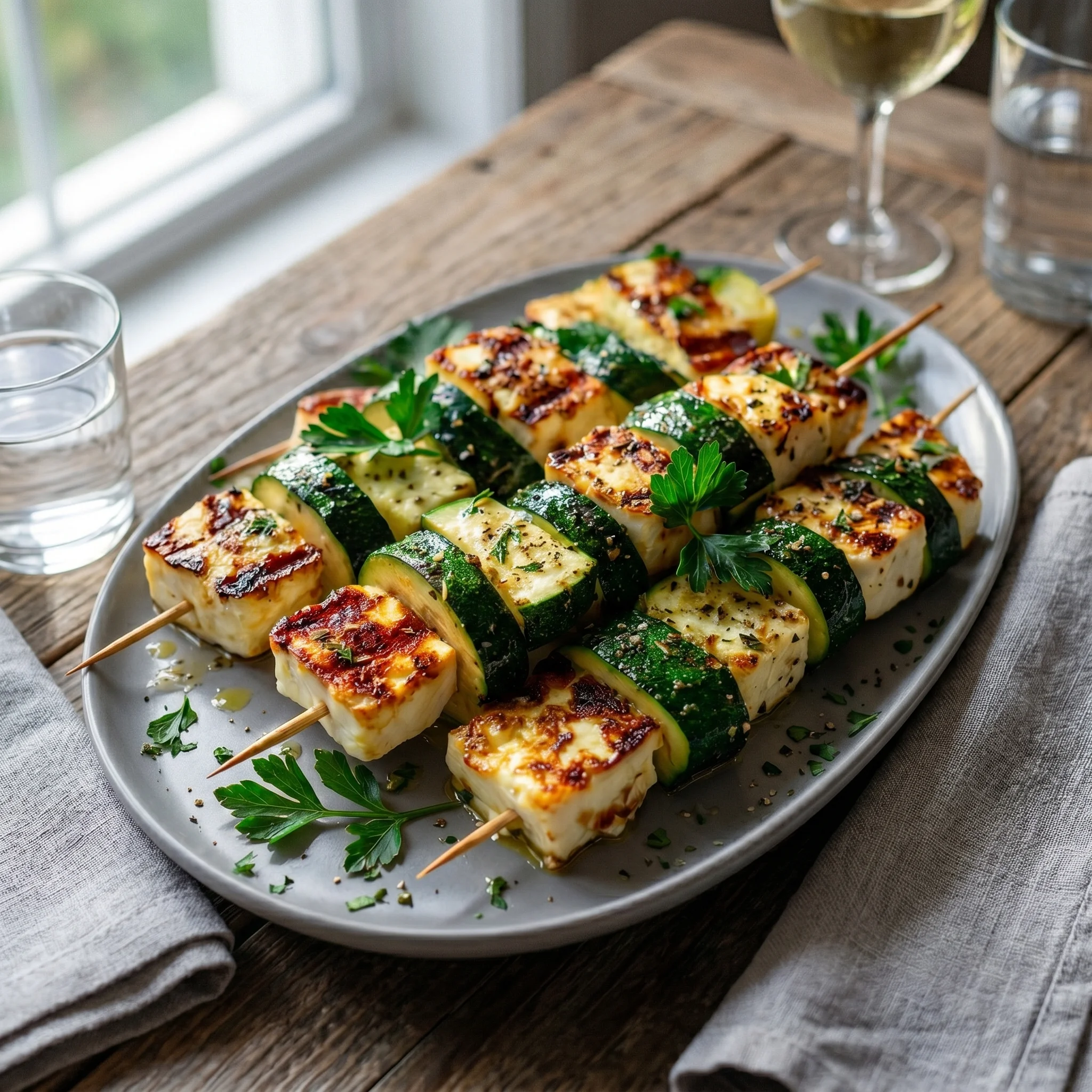 A plate of grilled zucchini skewers with halloumi cheese.