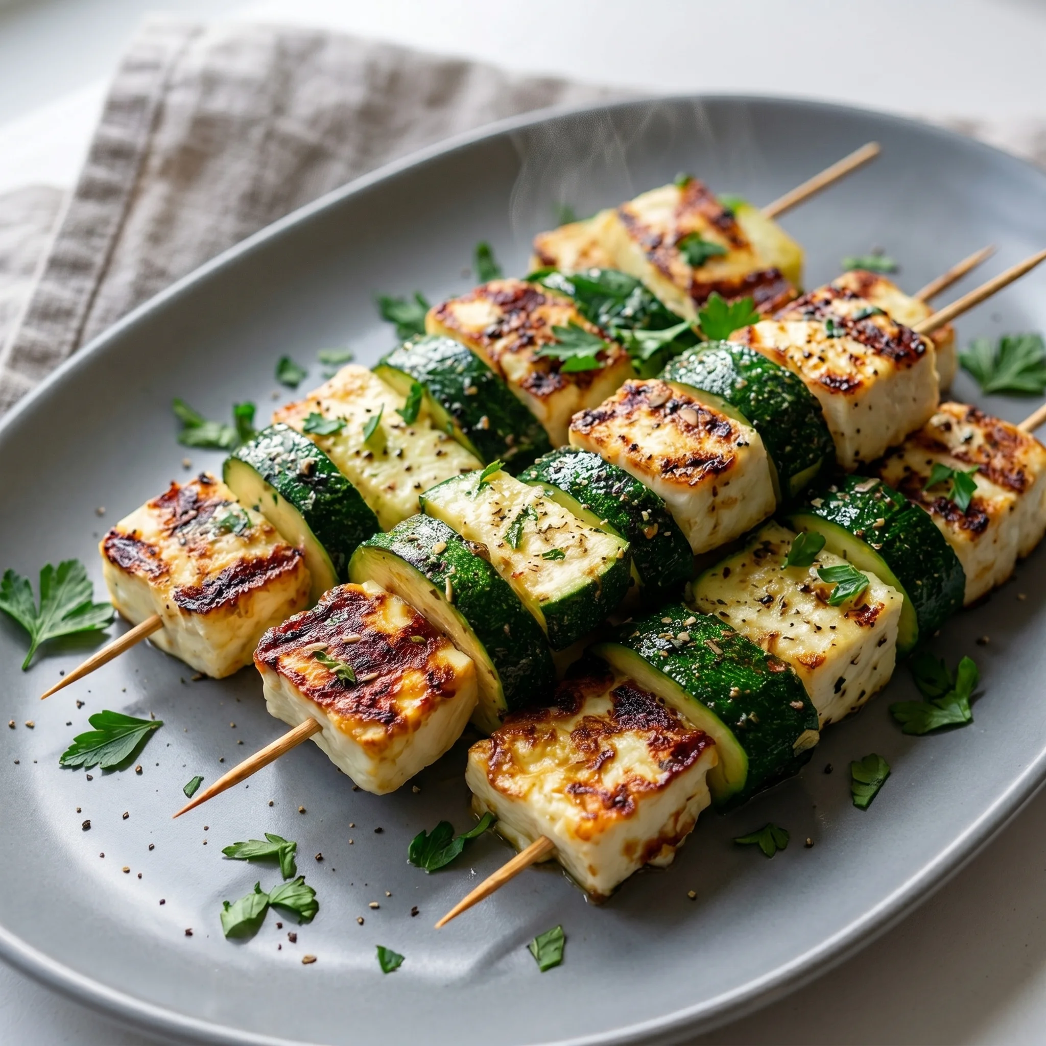 Halloumi zucchini skewers on a plate.