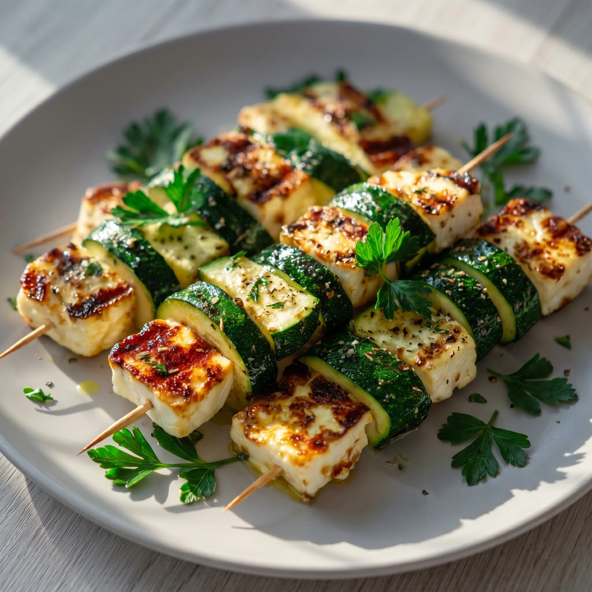 Halloumi zucchini skewers on a plate.