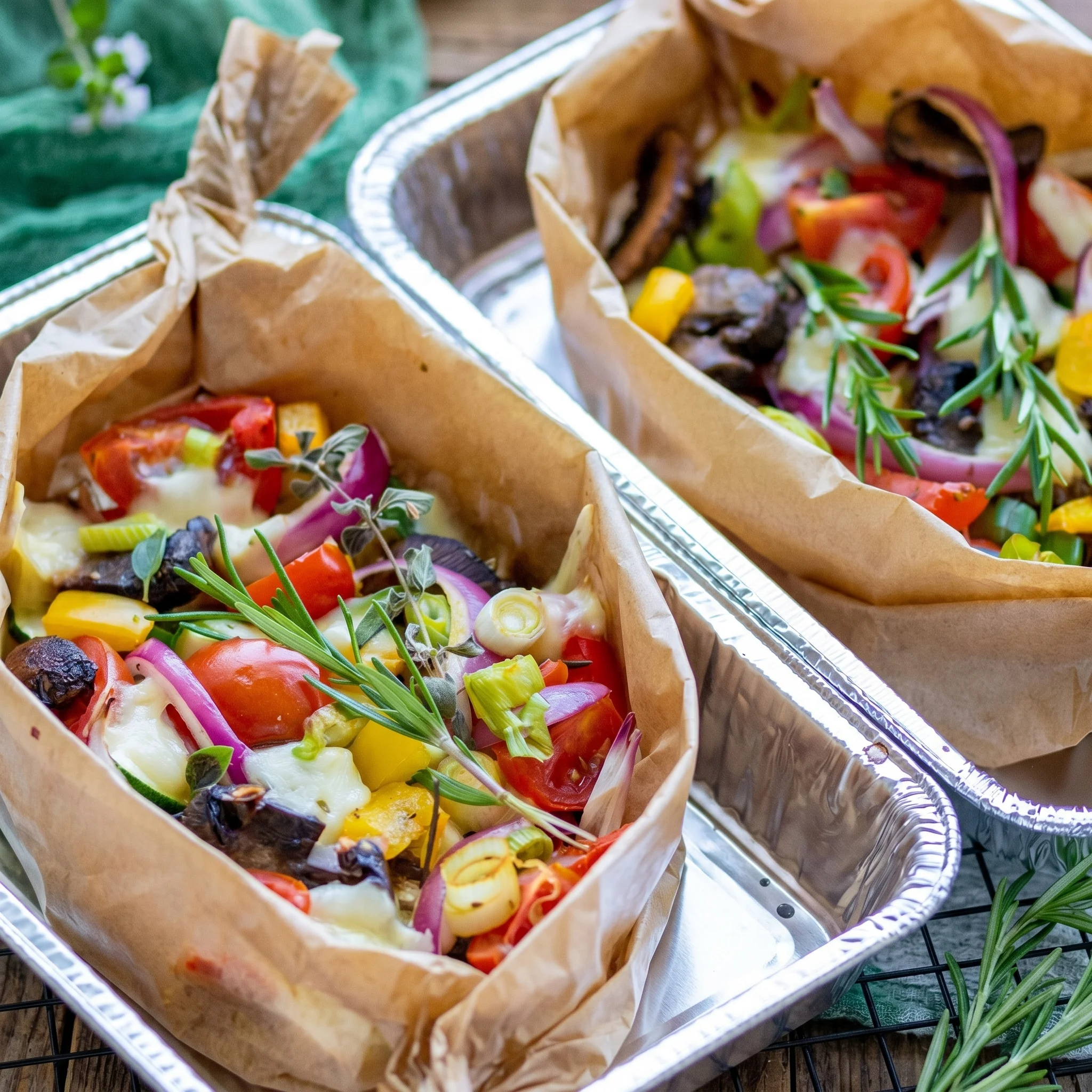 Two aluminum pans filled with vegetables and cheese.