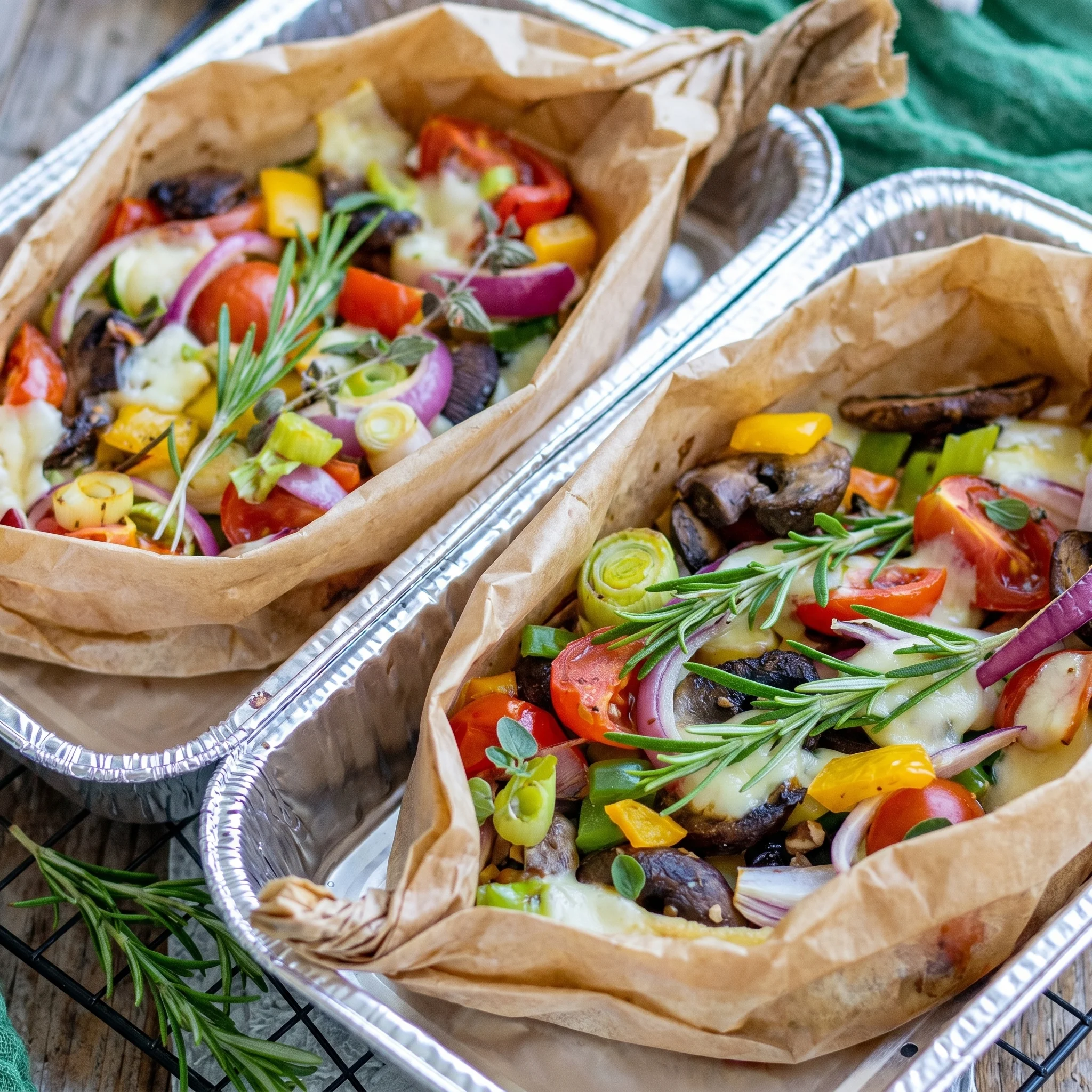 Two aluminum pans filled with vegetables and cheese.