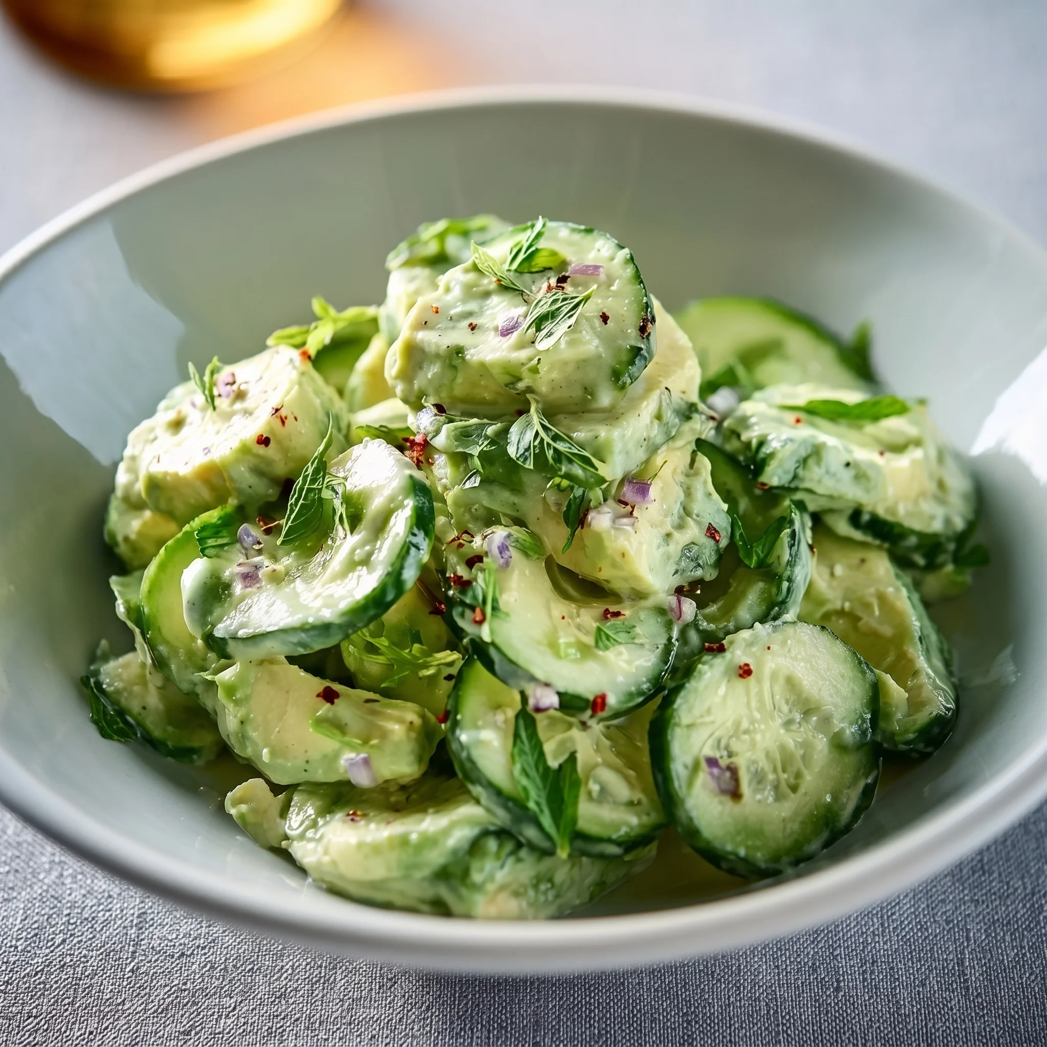 A white bowl filled with a creamier gurken-avocado salad.