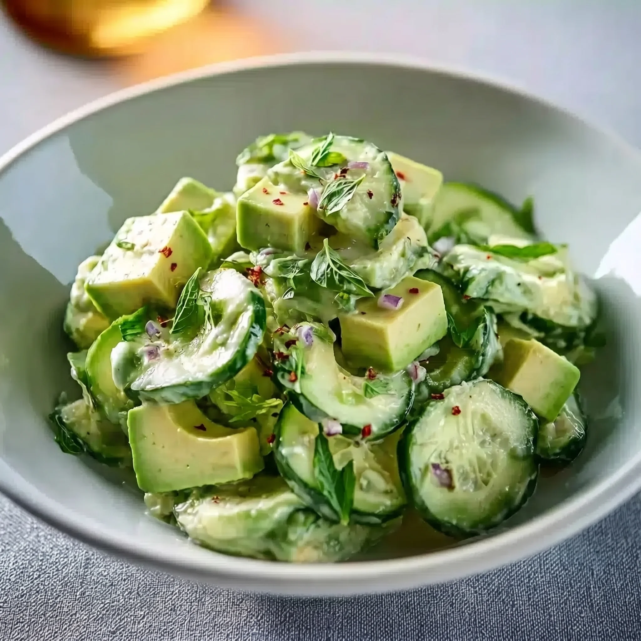 A bowl of cremiger gurken-avocado-salat.