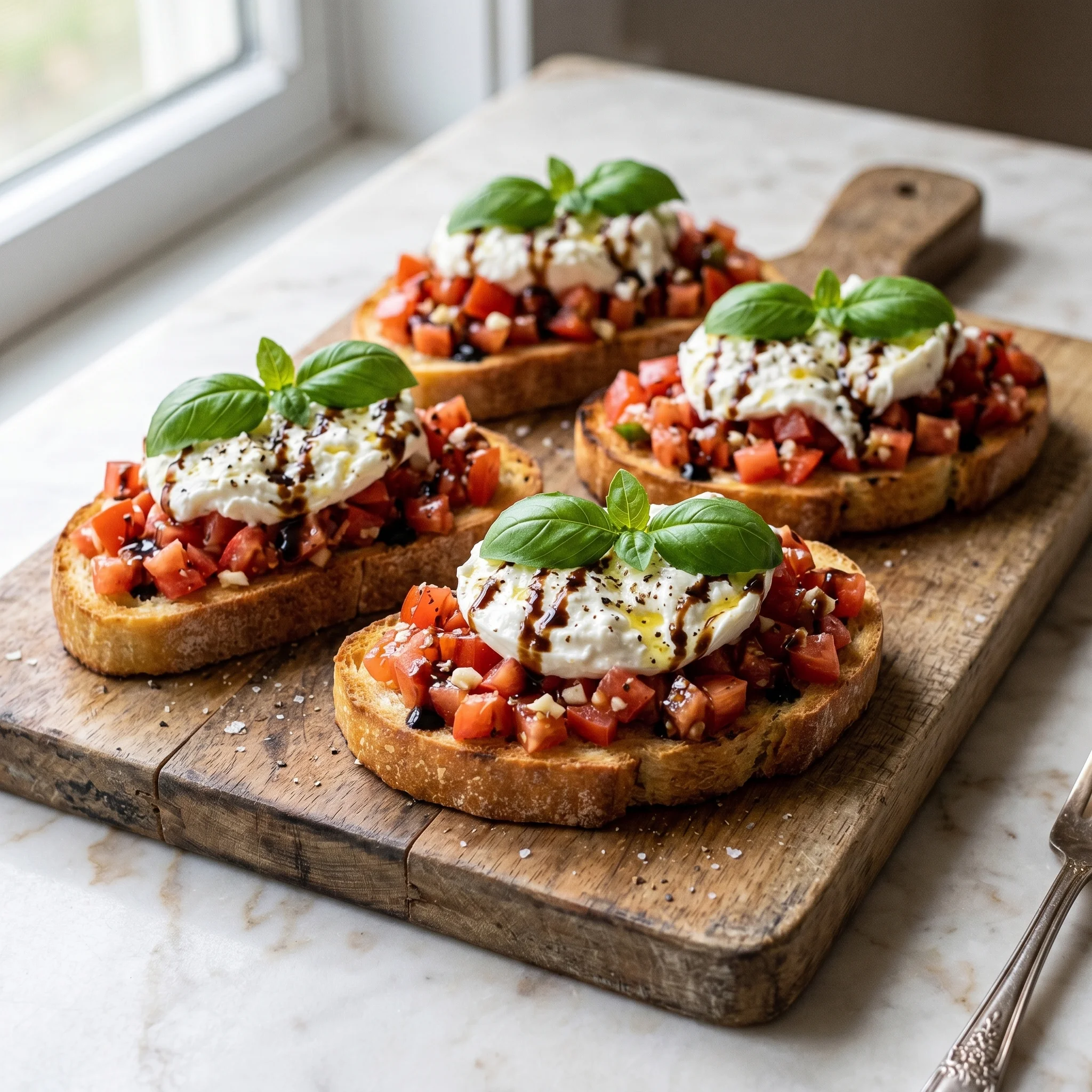 Burrata Bruschetta on a wooden cutting board.