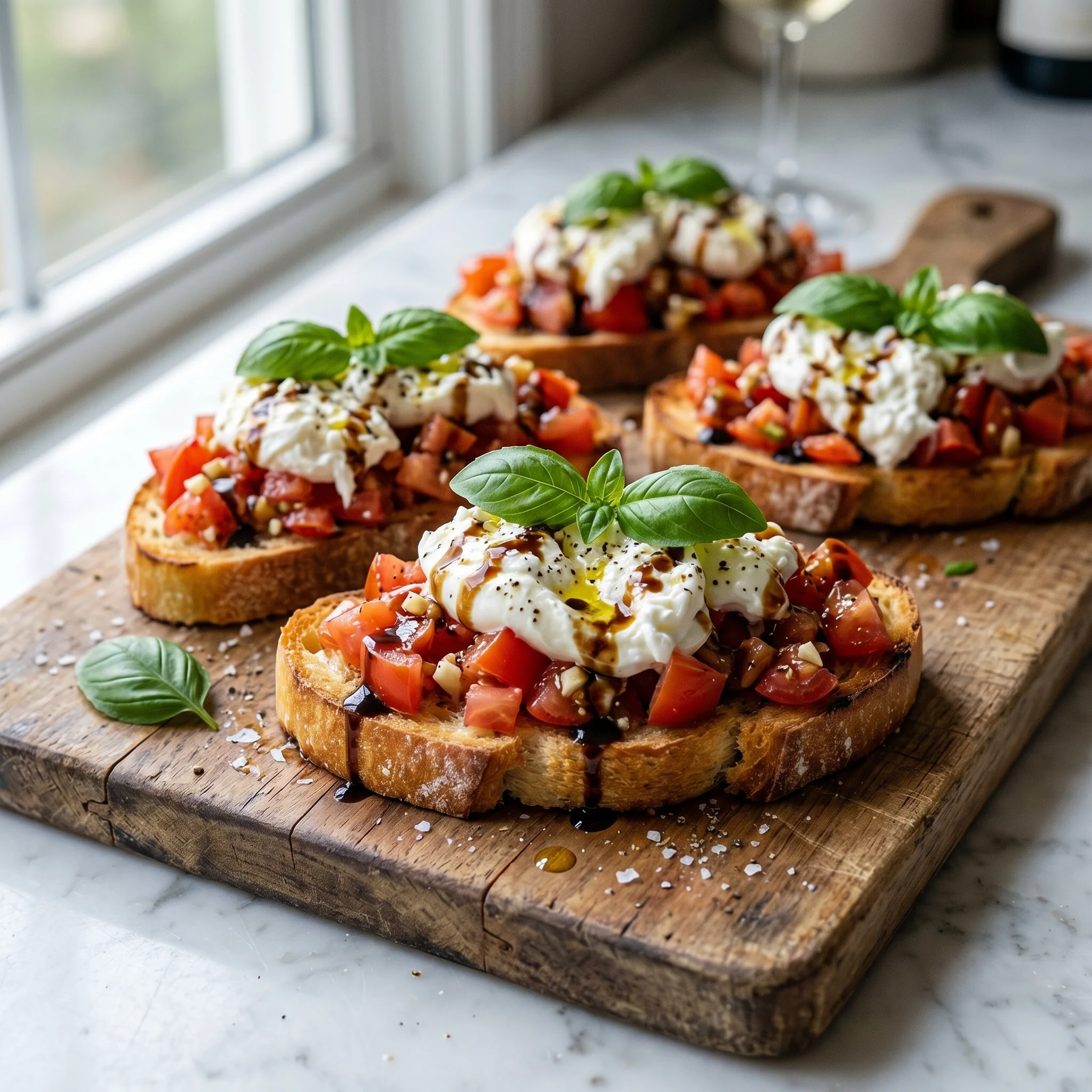 Burrata Bruschetta with tomatoes and basil.