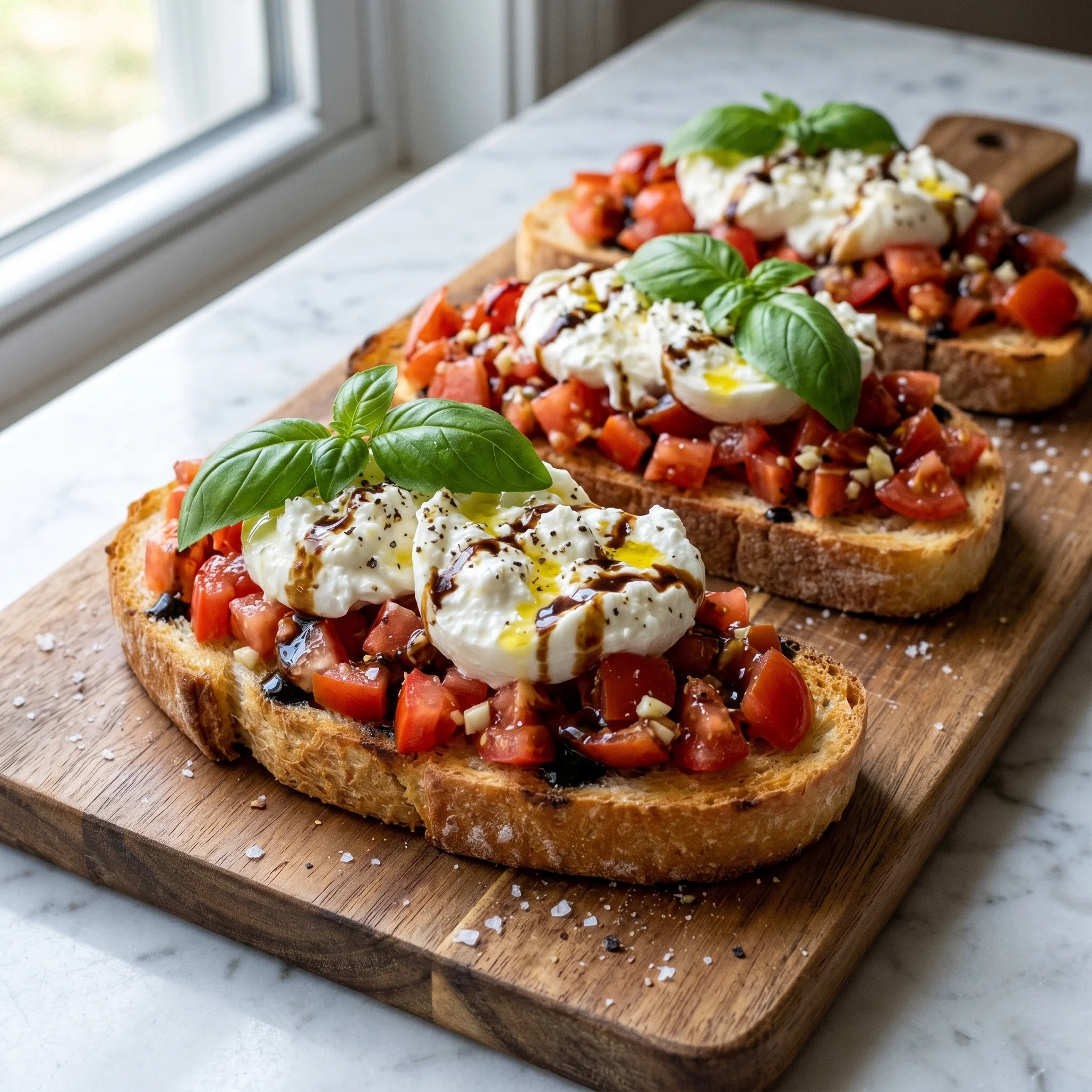 Two slices of bread with tomatoes and cheese.