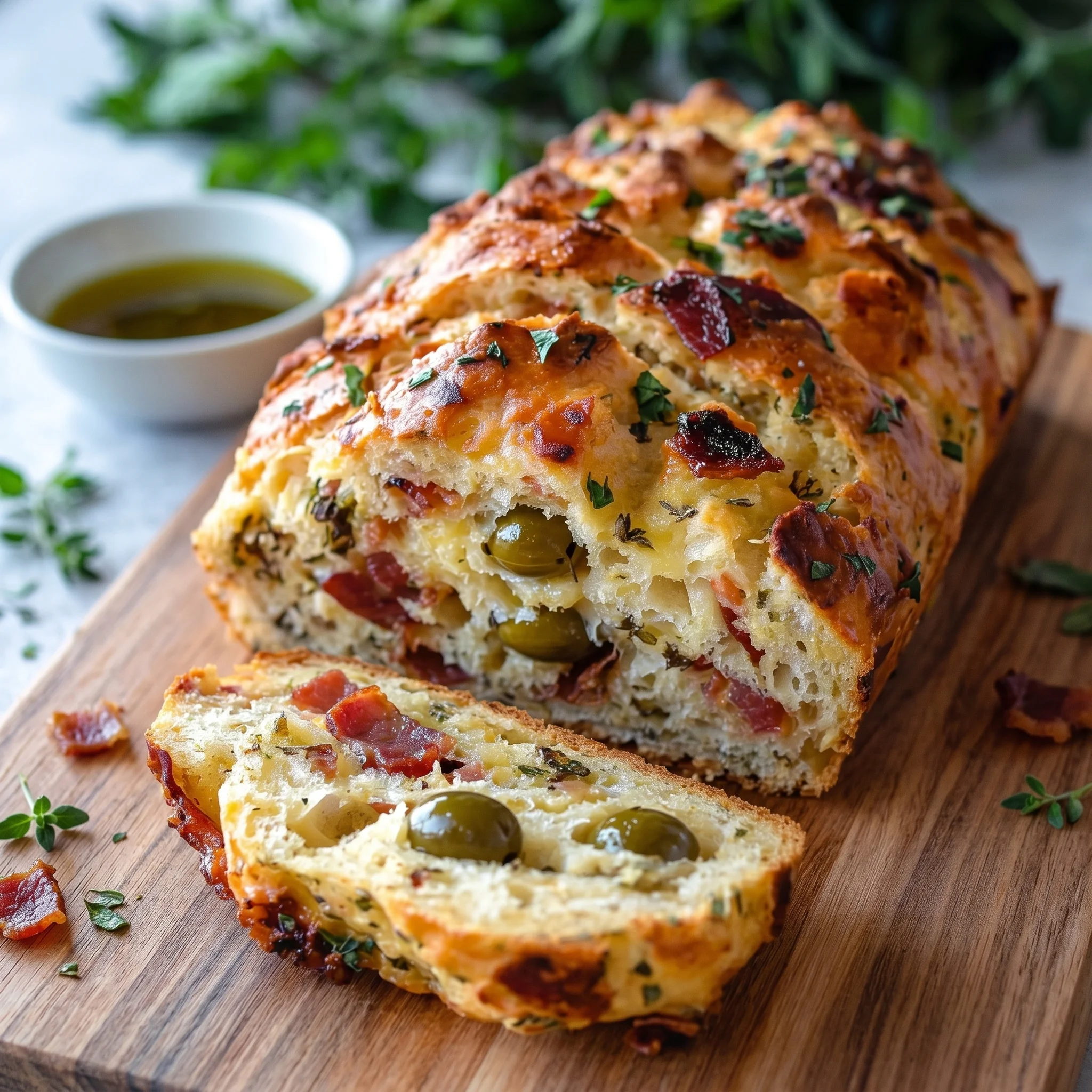 A loaf of bread with olives and cheese.