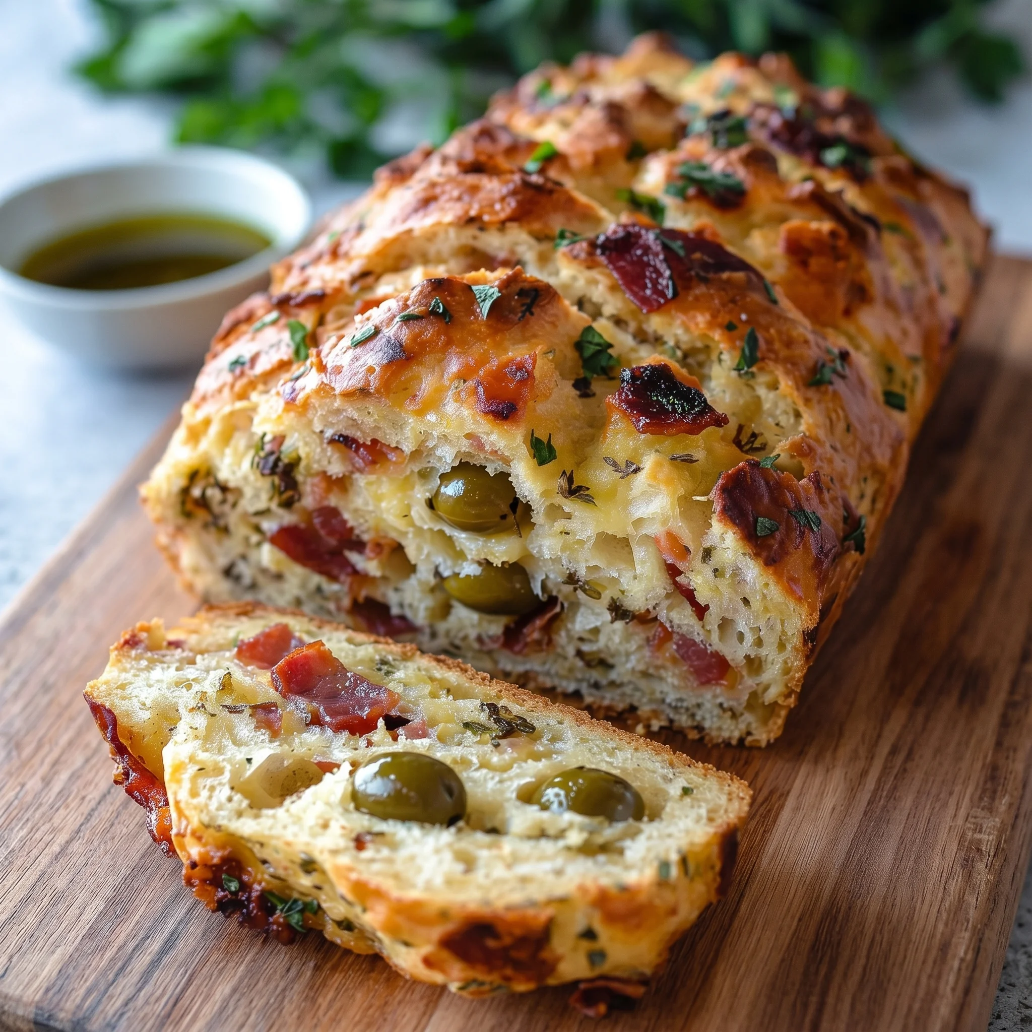 A loaf of bread with olives and cheese.