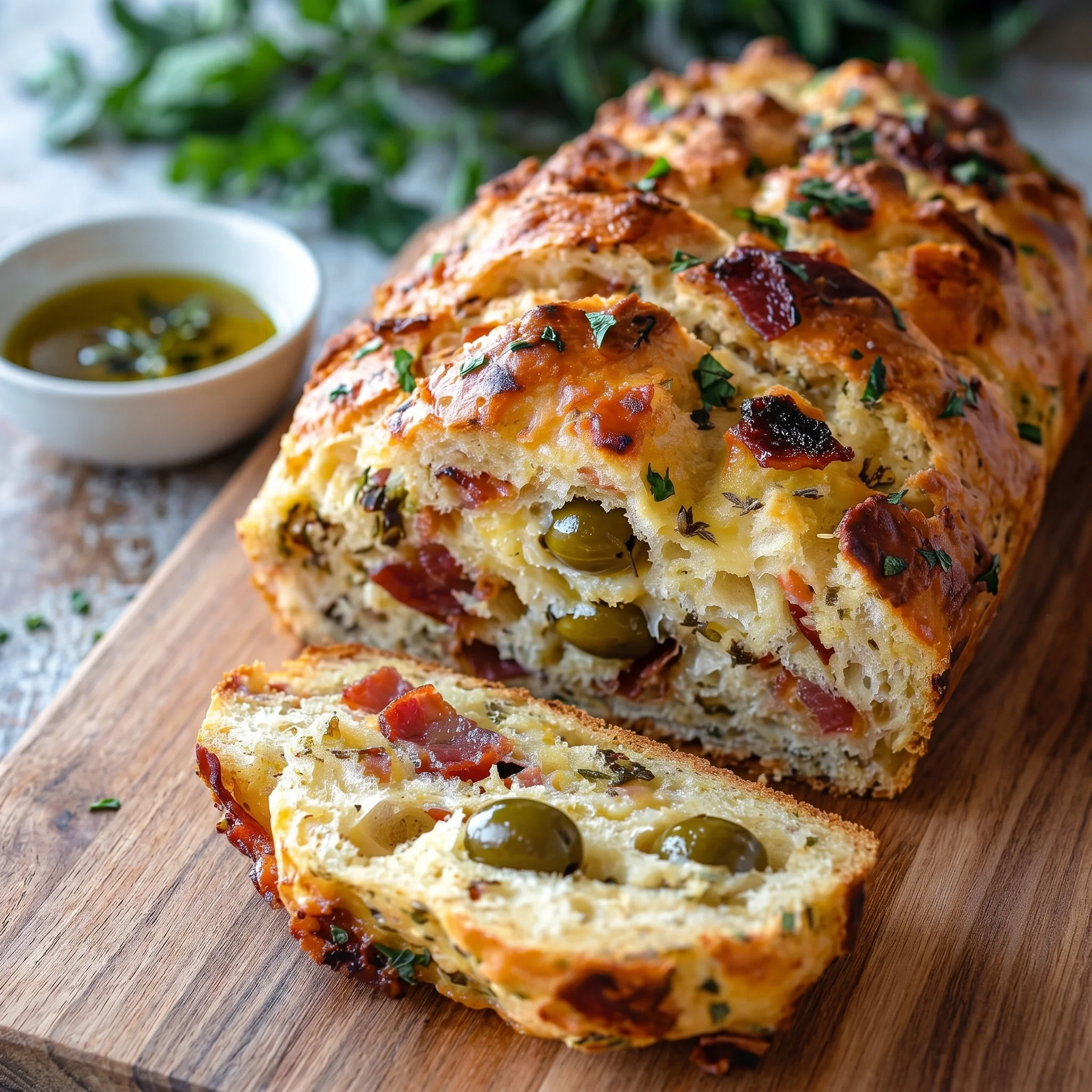 A loaf of bread with olives and cheese.
