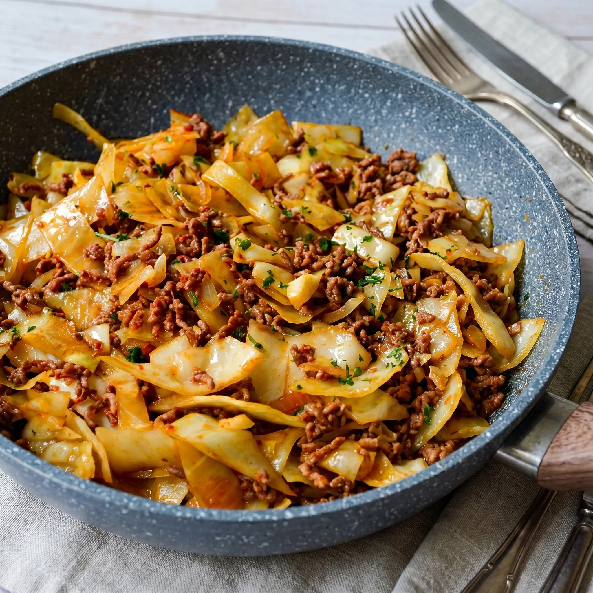 A bowl of food with a fork and knife on the side.