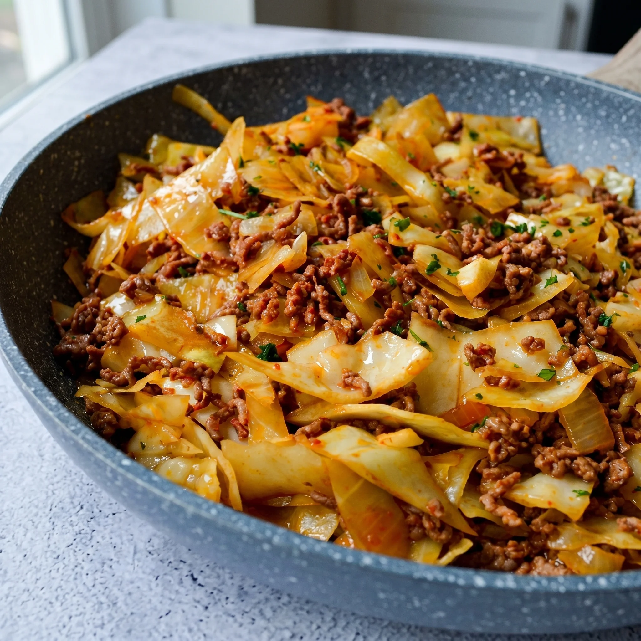 A bowl of food with meat and vegetables.