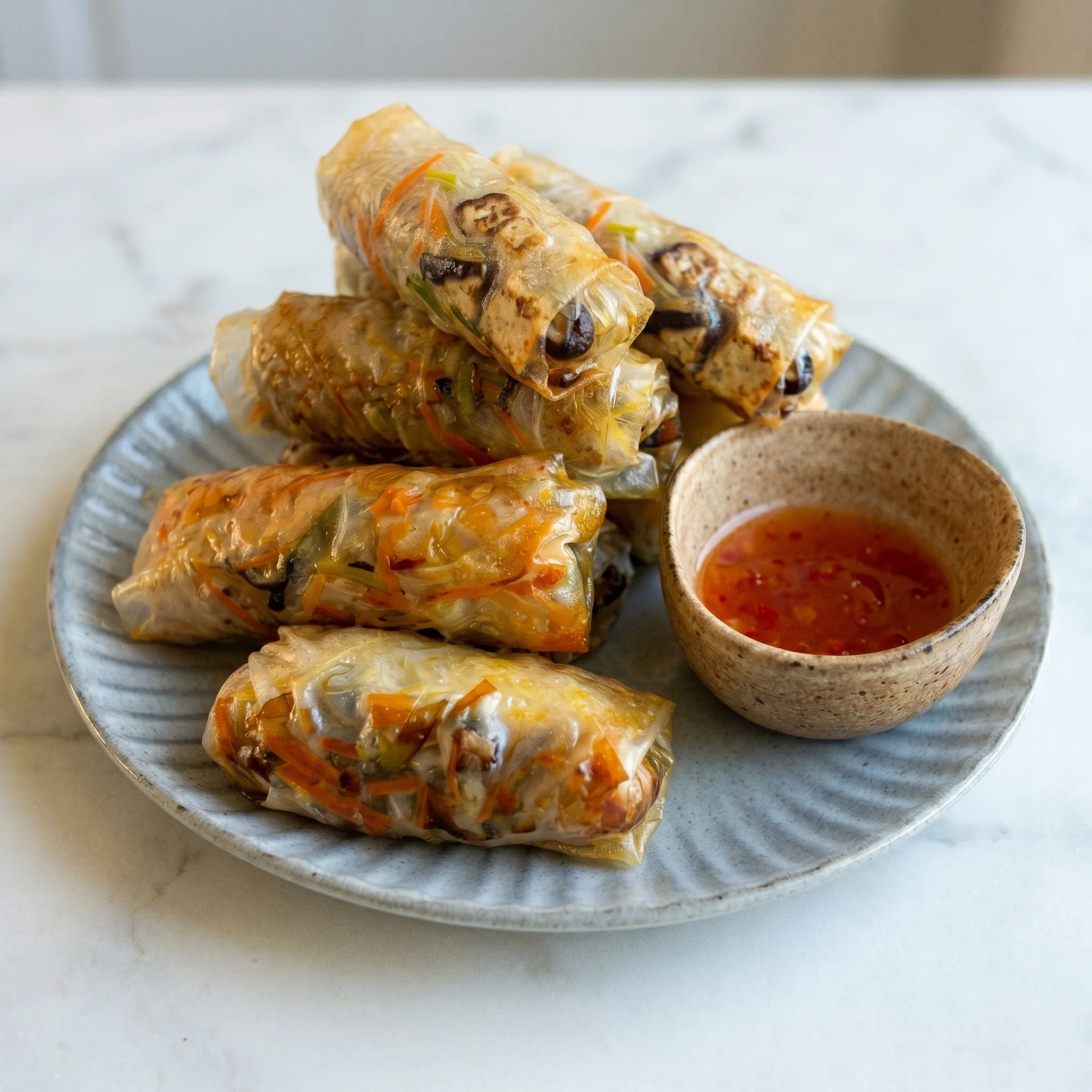 A plate of spring rolls with a bowl of sauce.