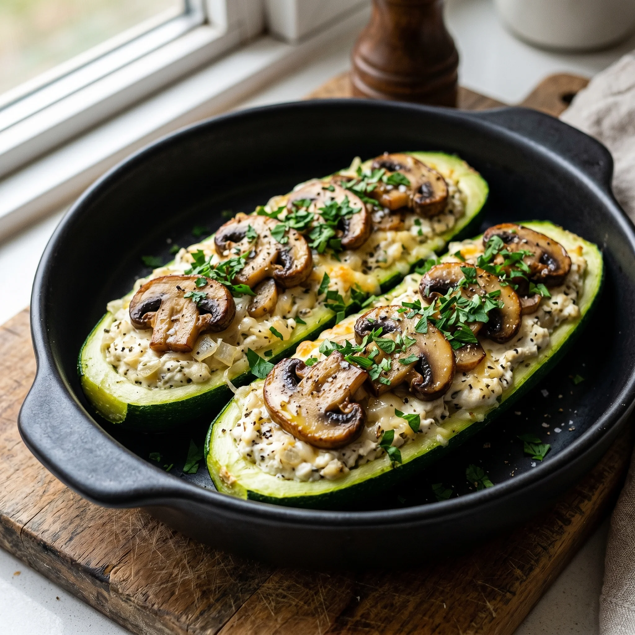 Two zucchini filled with mushrooms.