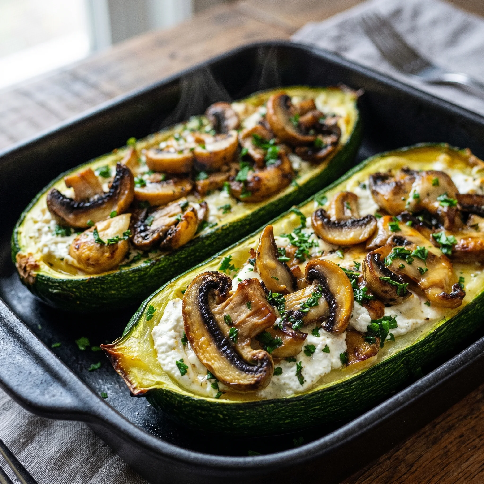 Two zucchini filled with mushrooms.