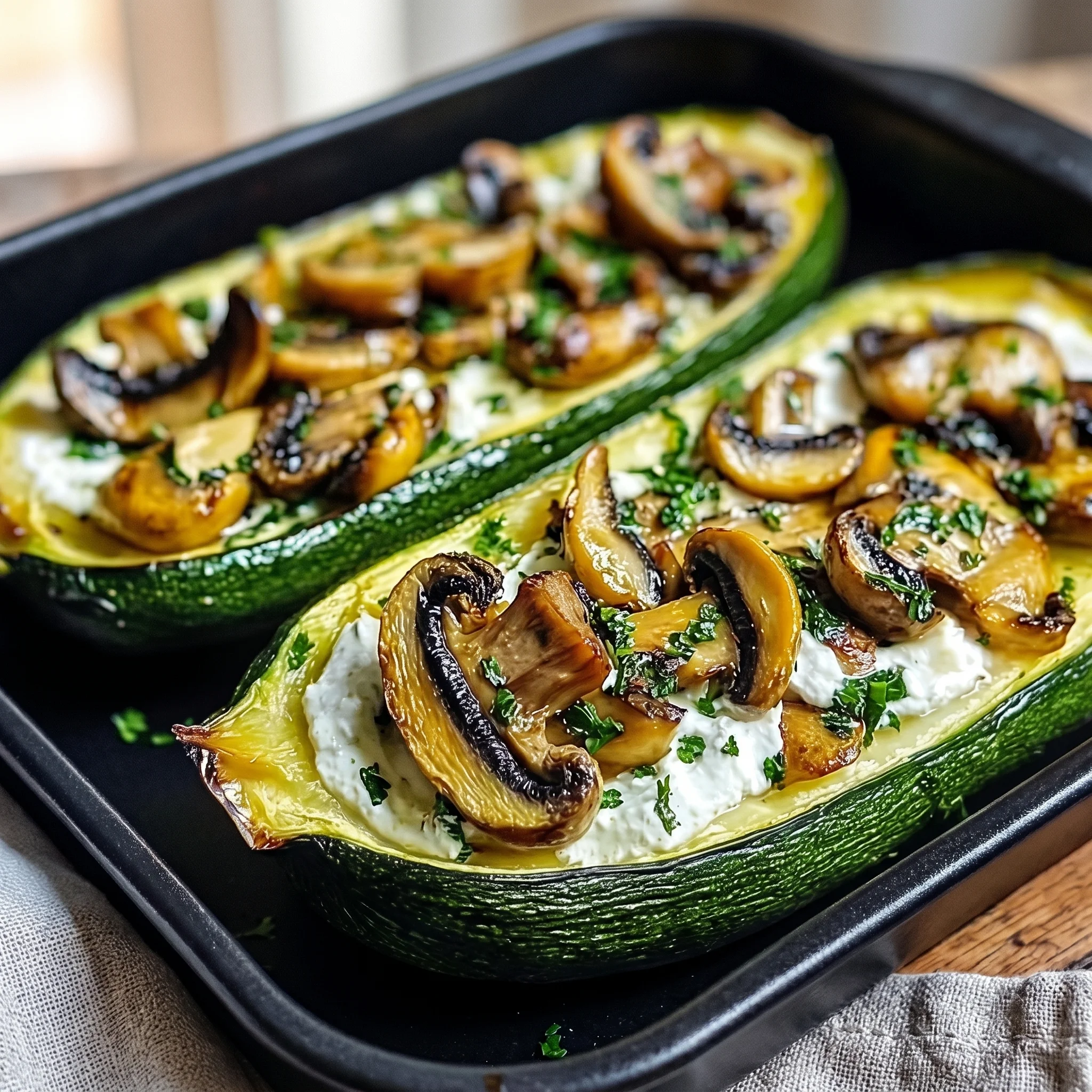 Two zucchini filled with mushrooms.