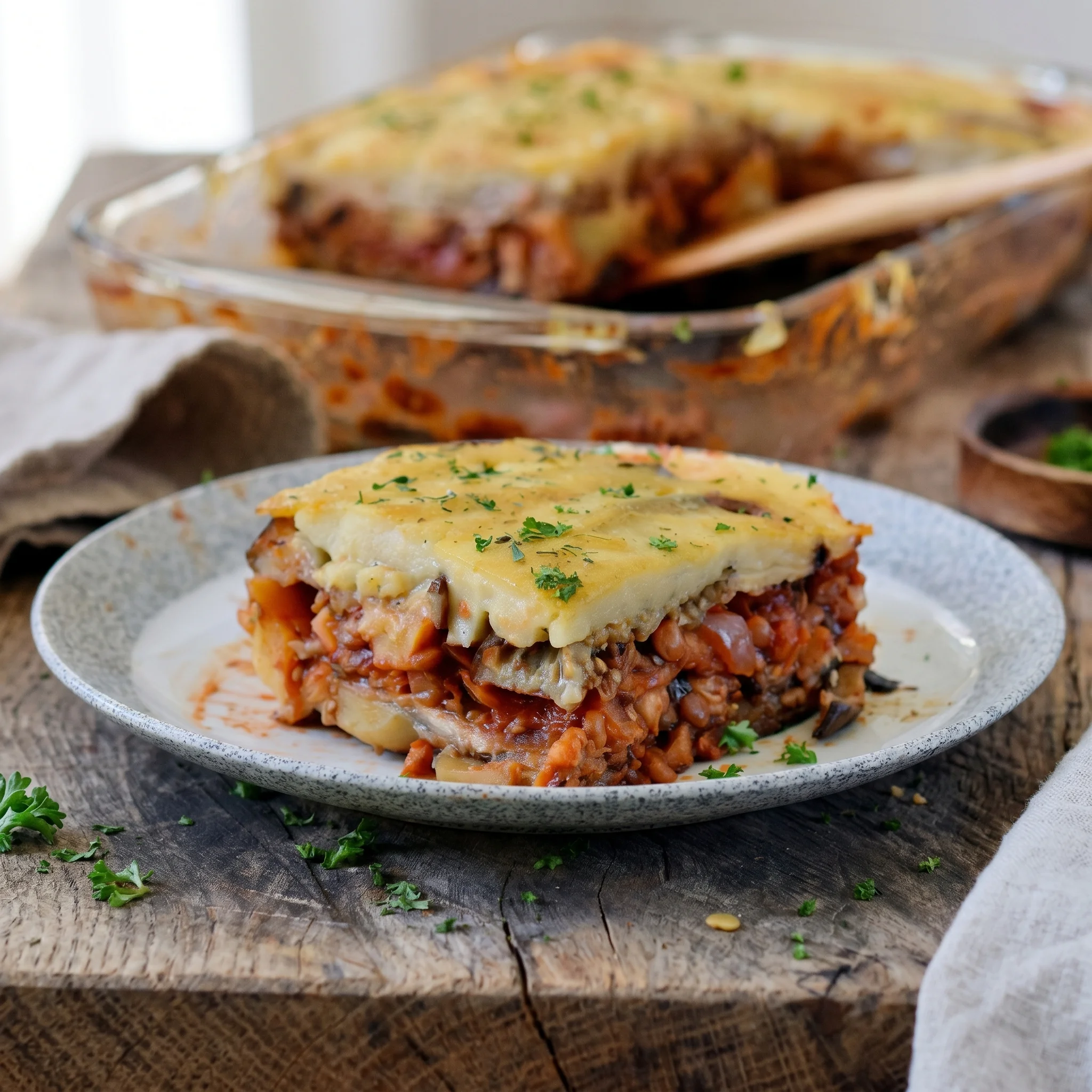 A plate of Linsen Moussaka sits on a wooden table.