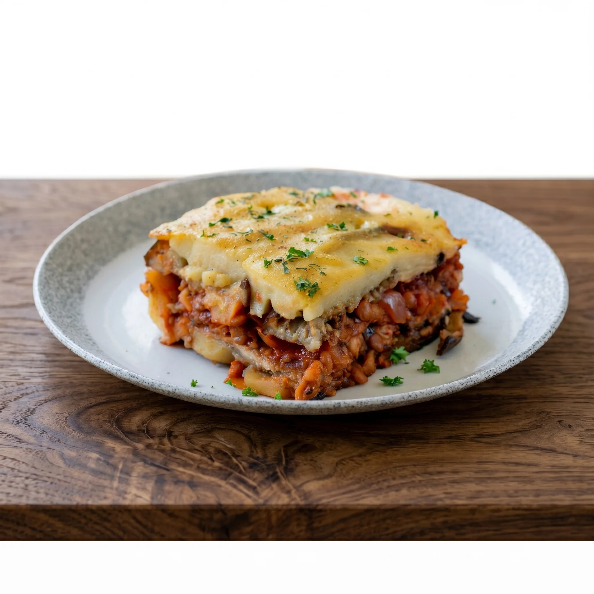 A plate of food with the word Moussaka on it.