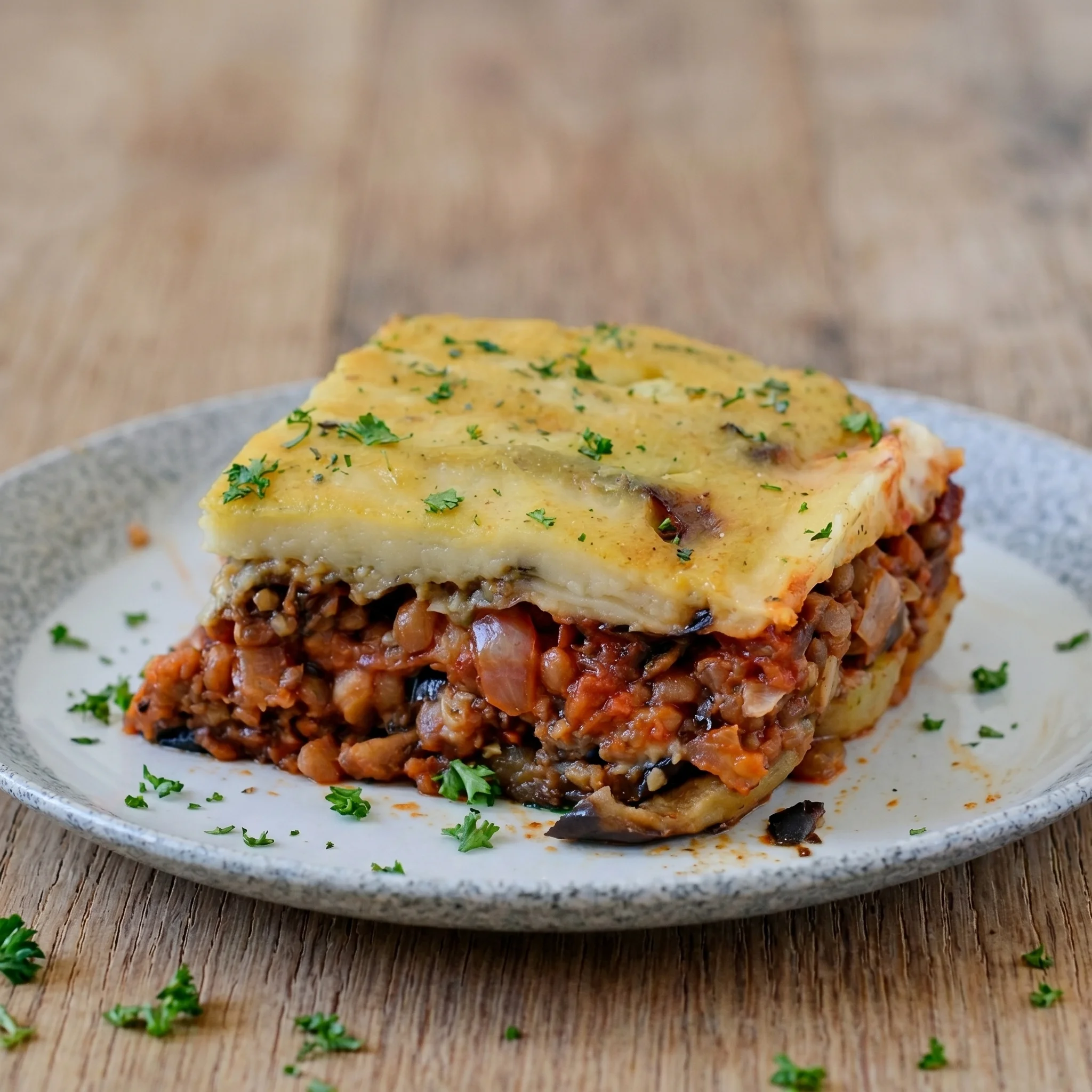 A slice of vegan linsen moussaka on a plate.