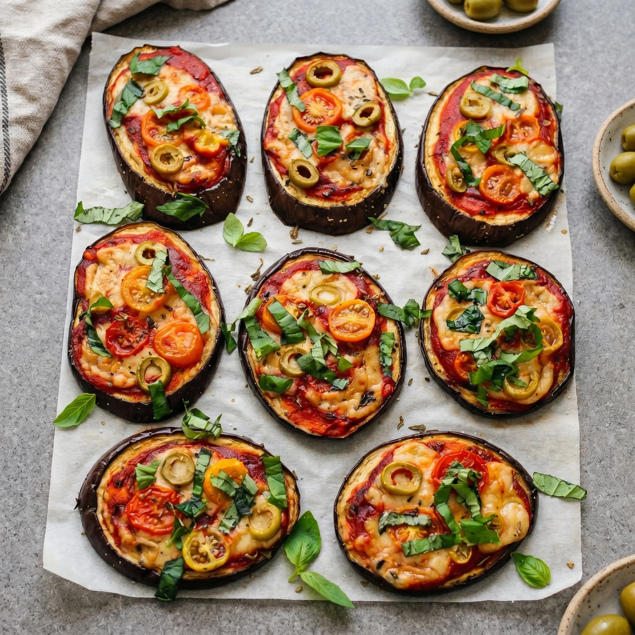 A plate of mushroom pizza with tomatoes and basil.