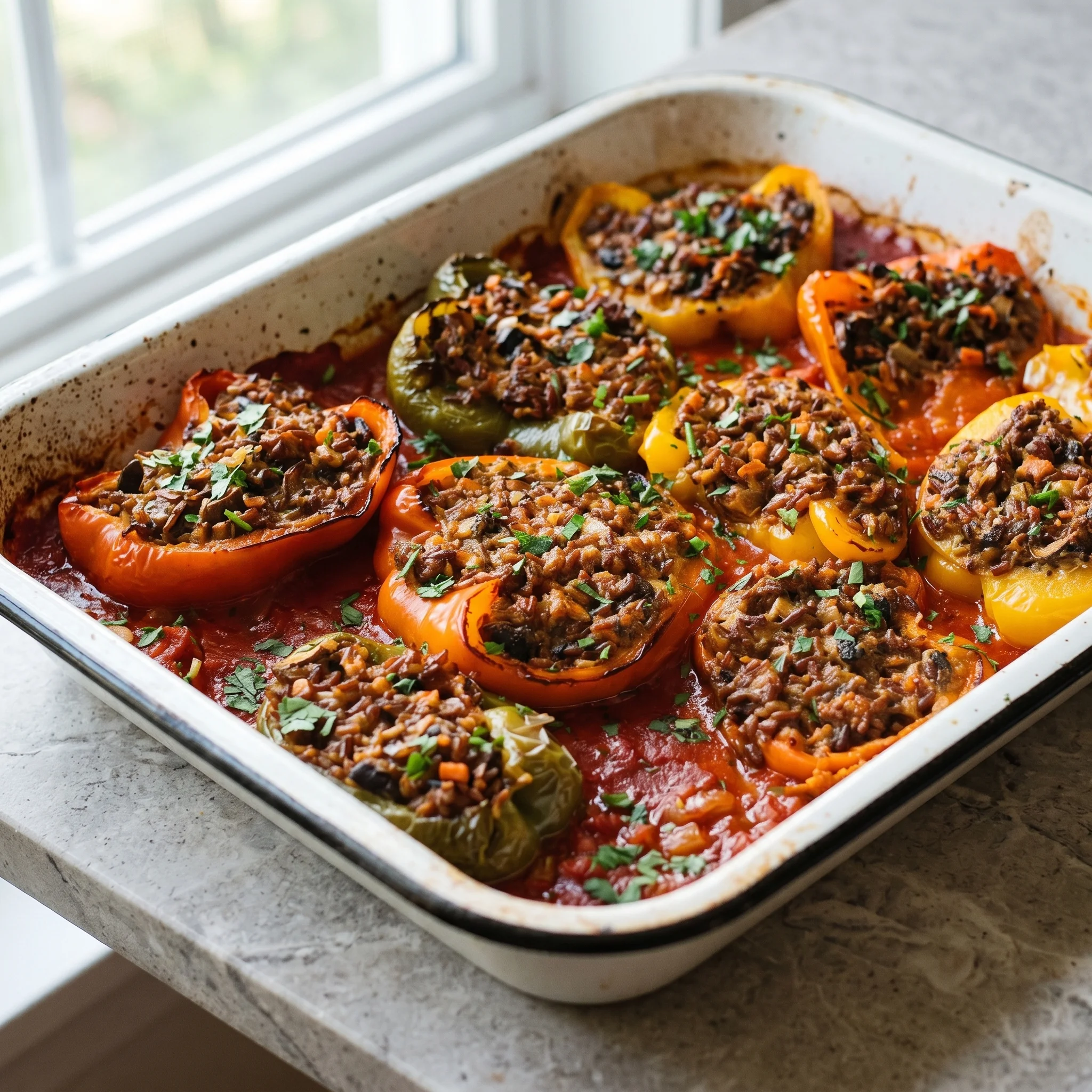 A pan of stuffed peppers with rice.