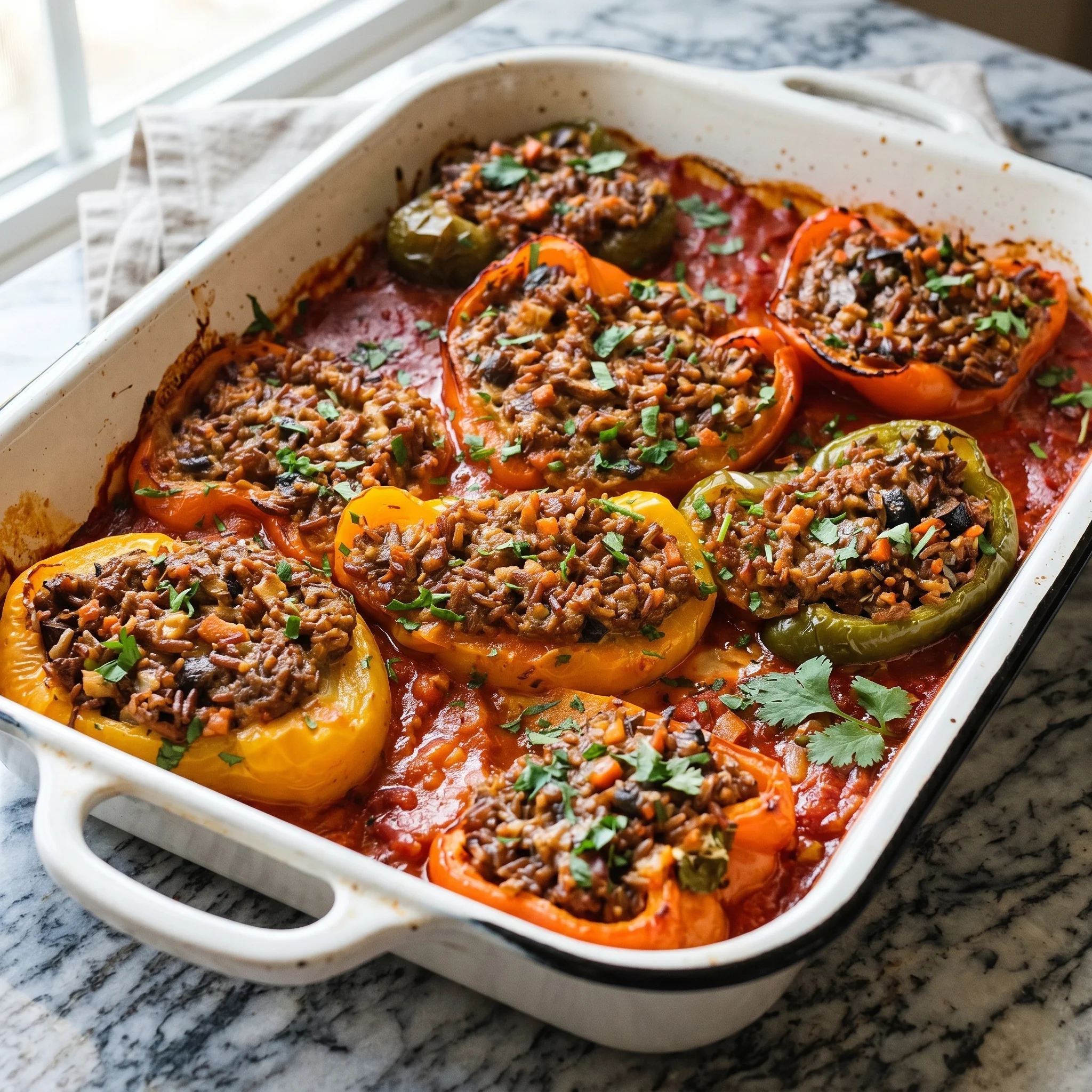 A white bowl filled with peppers and rice.