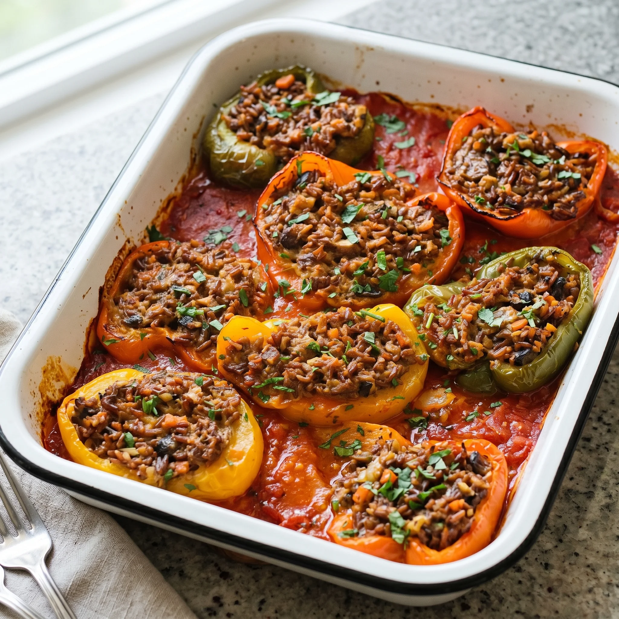 A dish of stuffed peppers with rice.