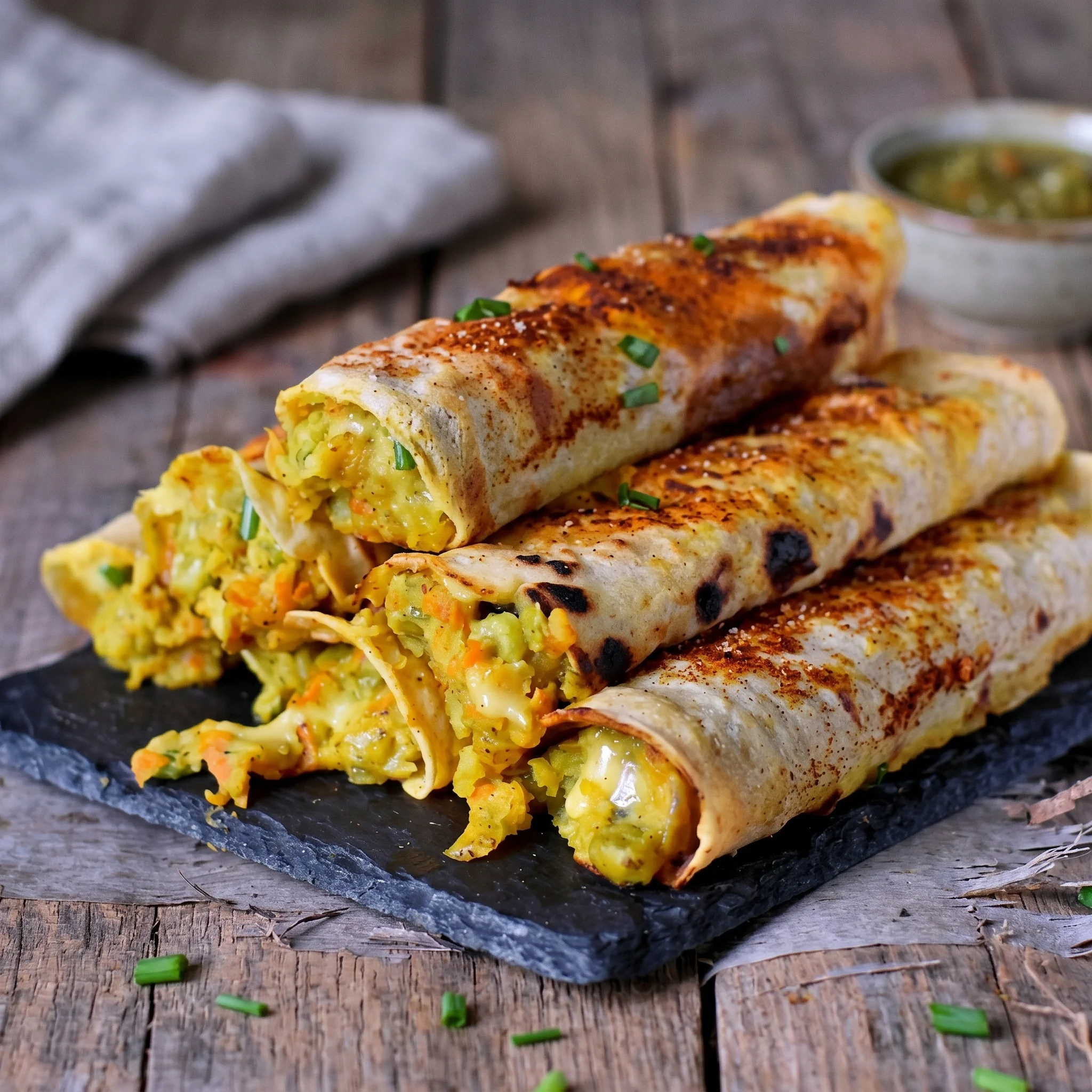 Two Gemüse-Taquitos on a table.