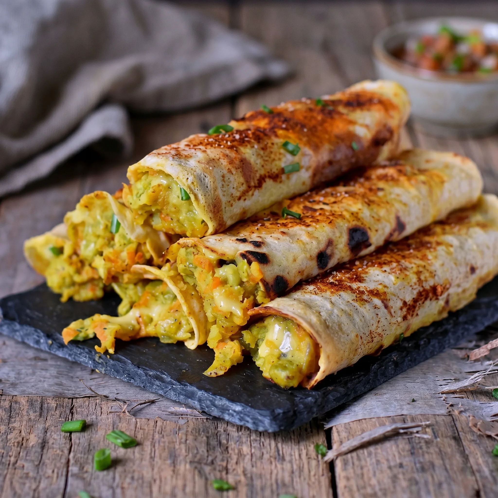 Two burritos filled with vegetables.