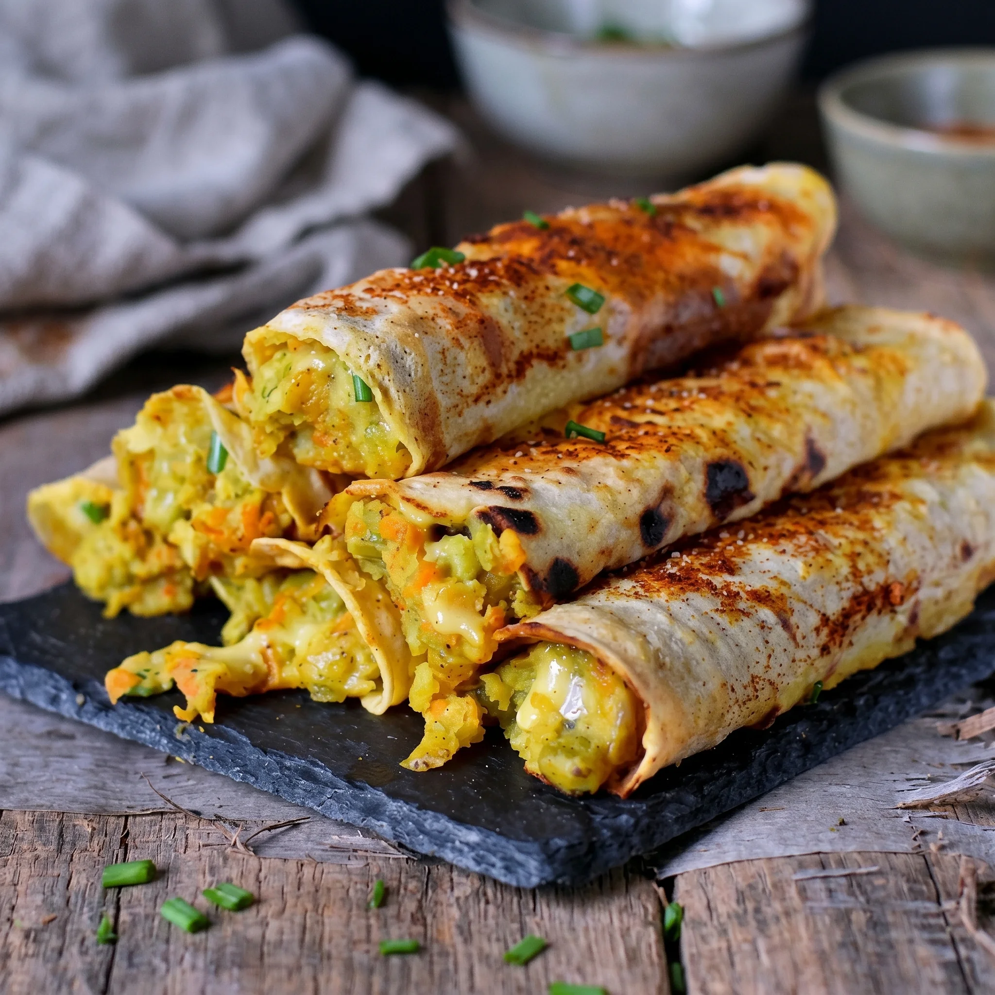 Two Gemüse-Taquitos on a black slate.