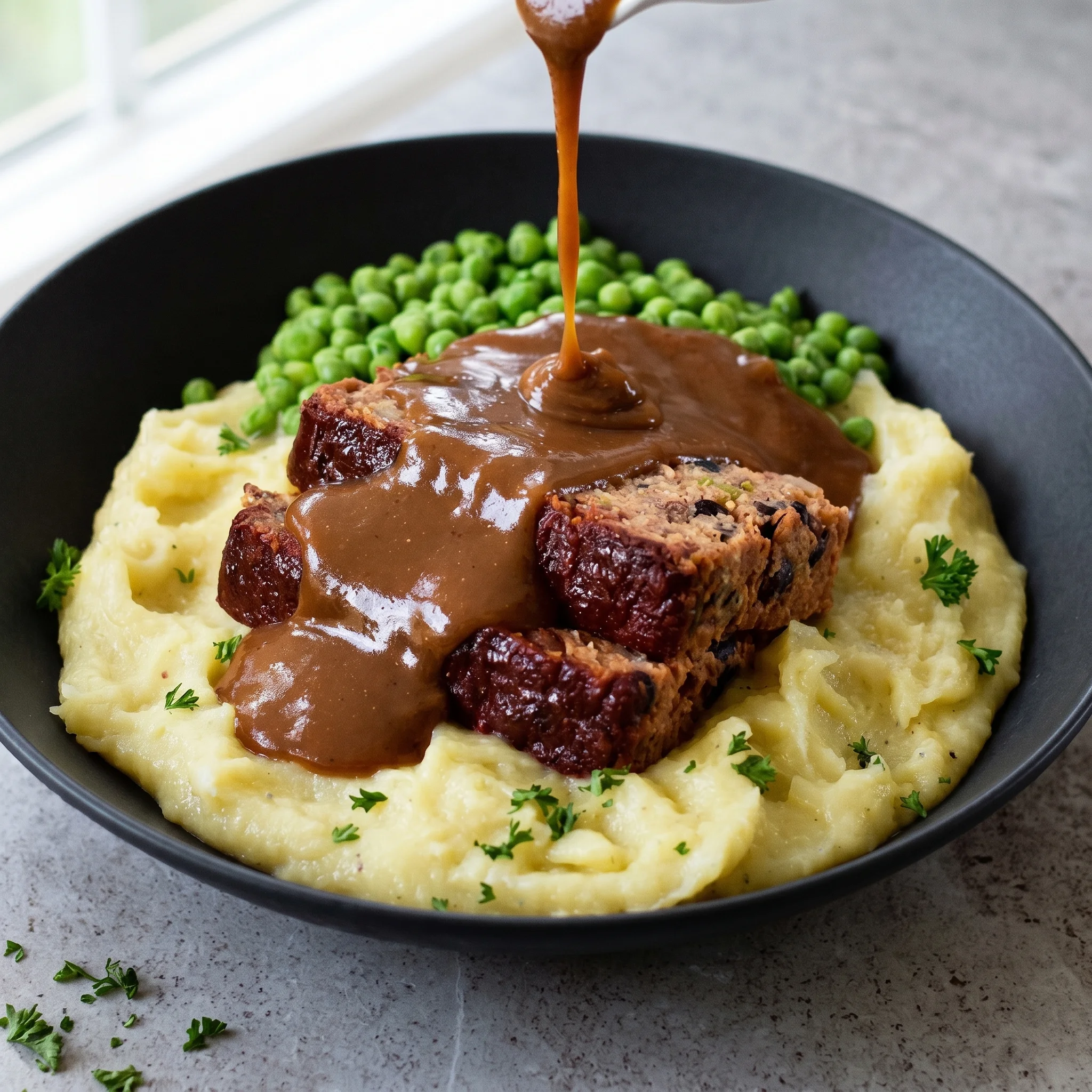 A bowl of food with peas and gravy.