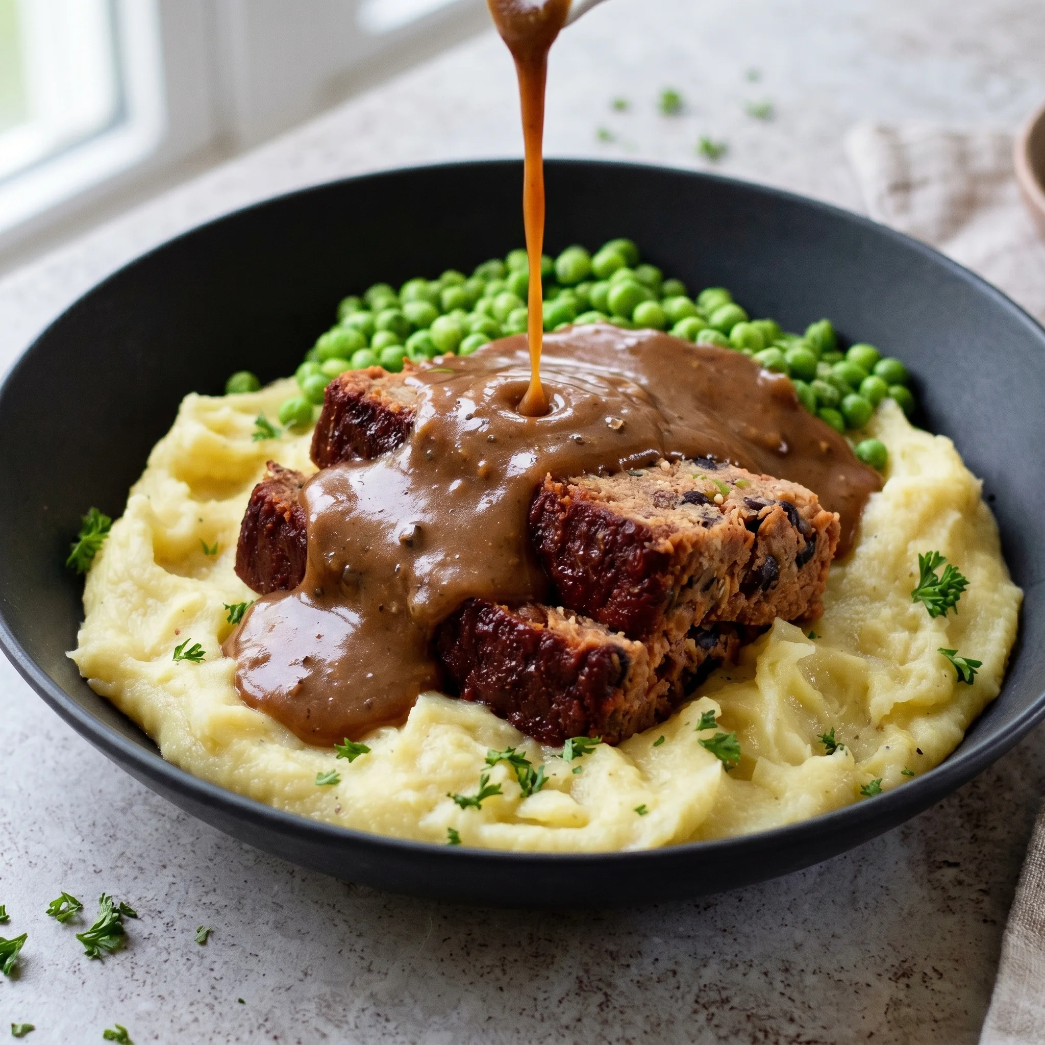 A bowl of food with peas and gravy.