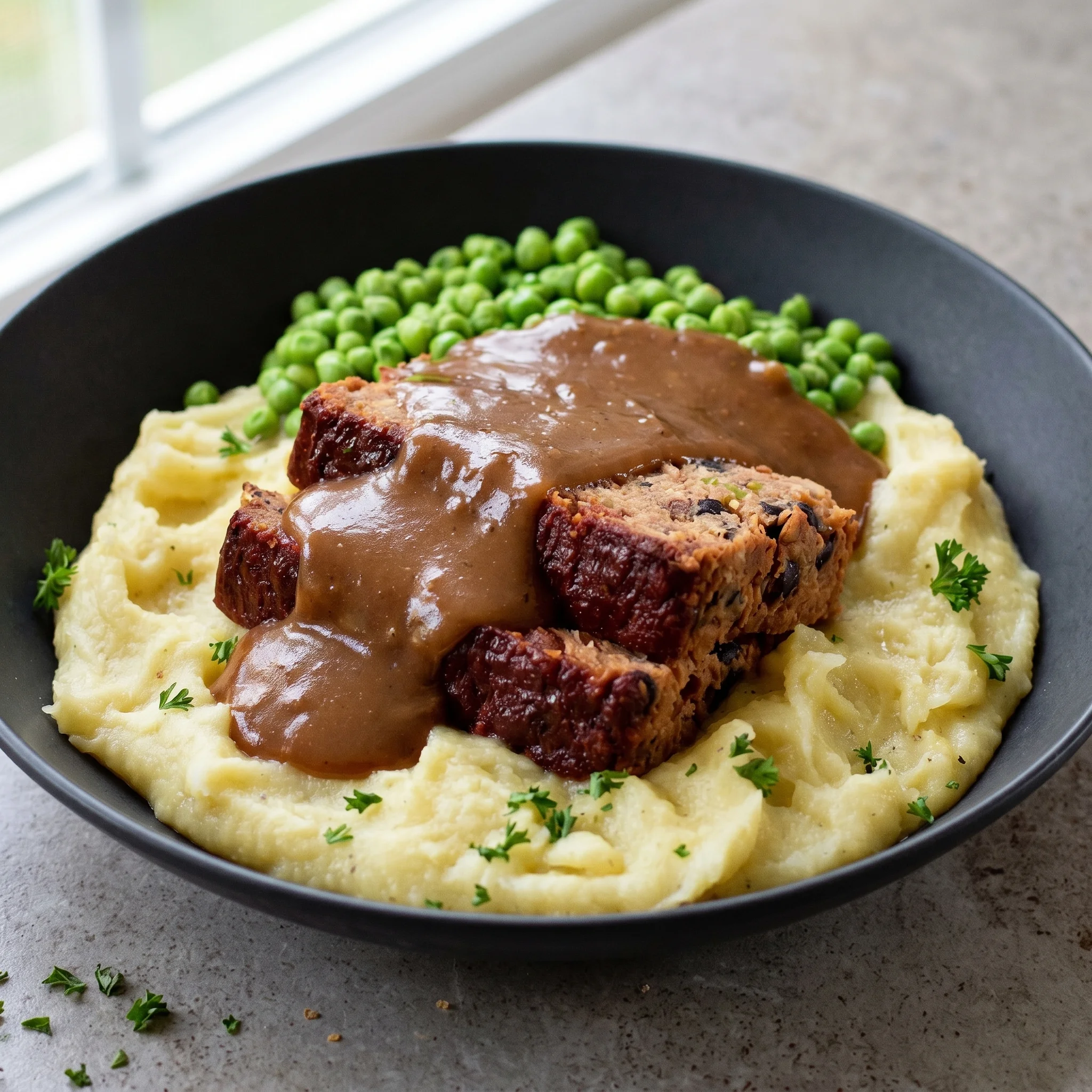 A plate of food with peas and gravy.