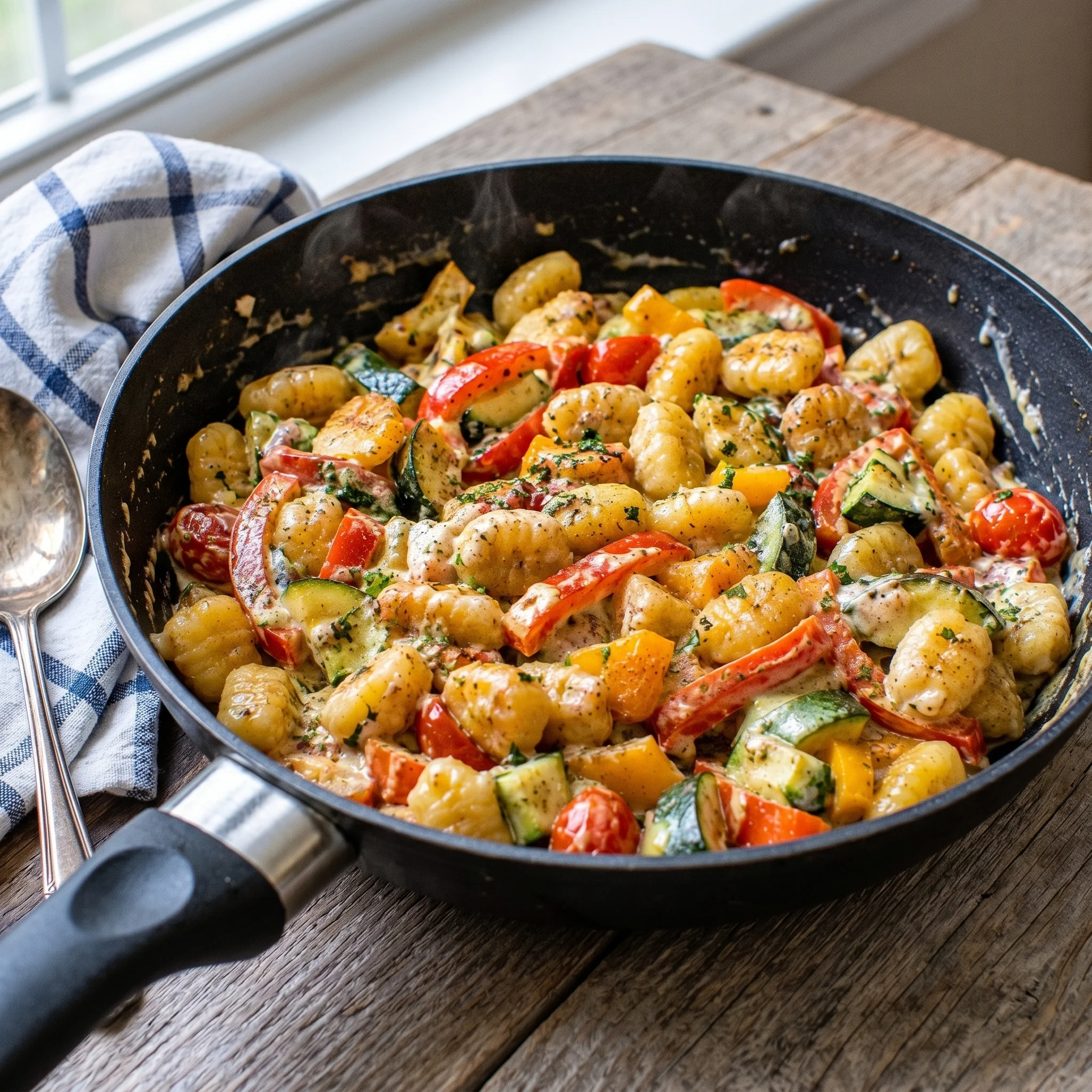 A pan of food with pasta and vegetables.