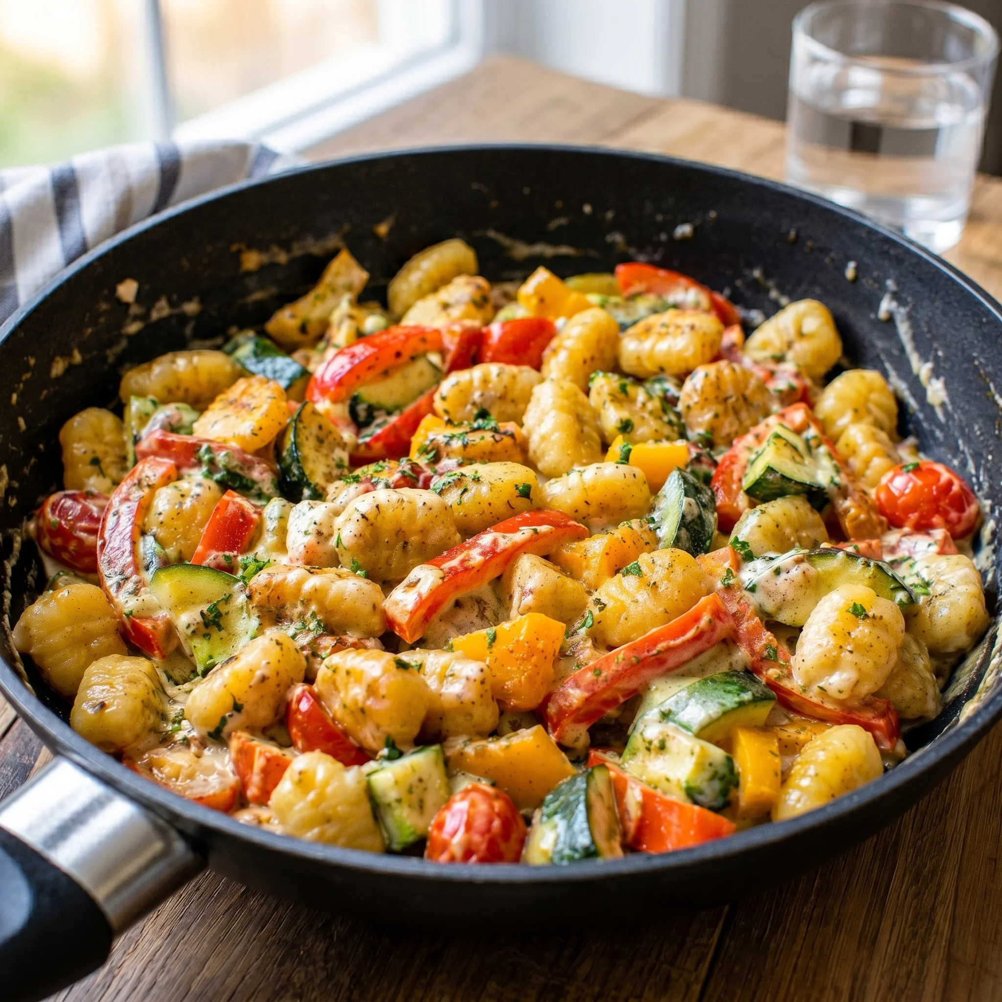 A pan of gnocchi with vegetables and cheese.