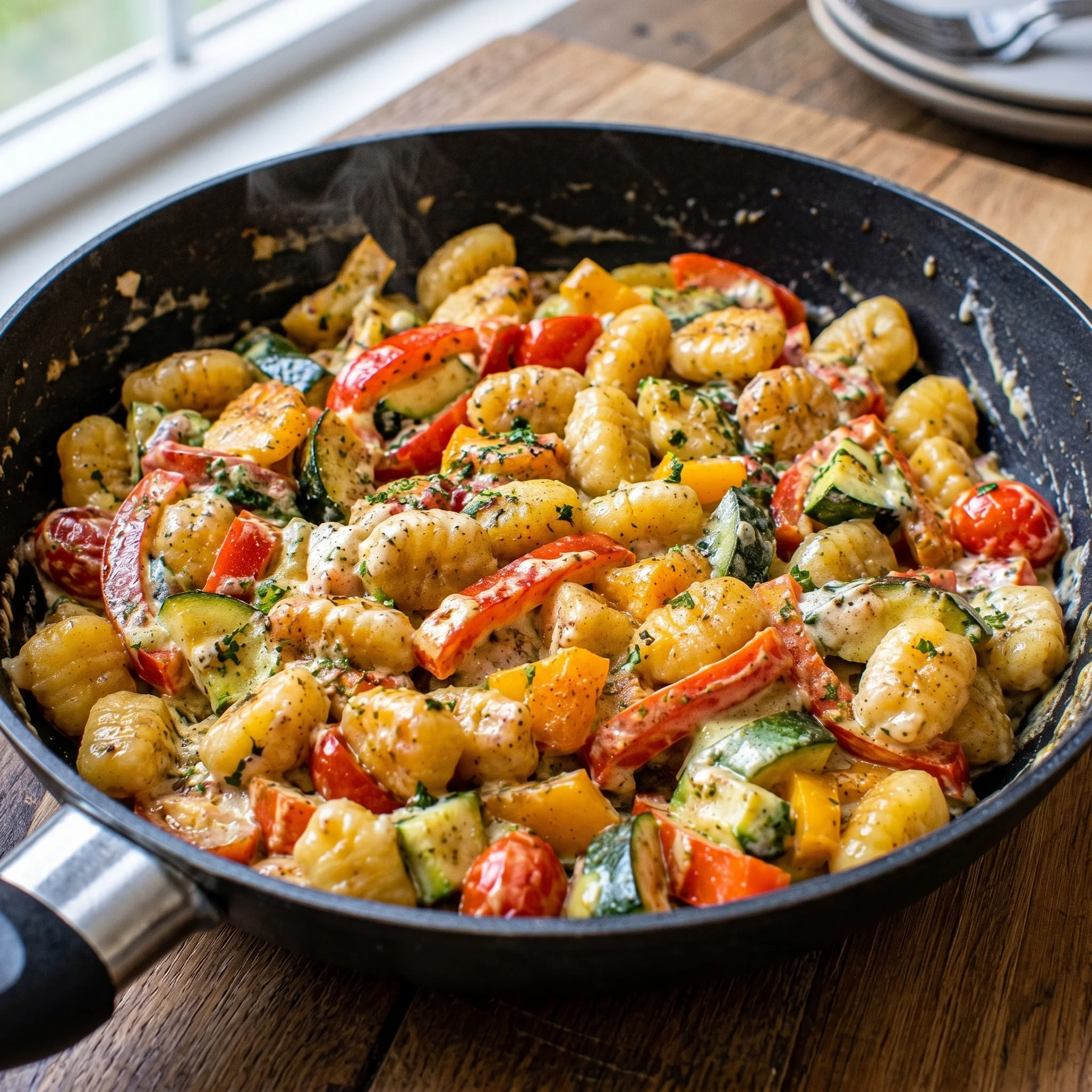 A pan of gnocchi with vegetables and cheese.