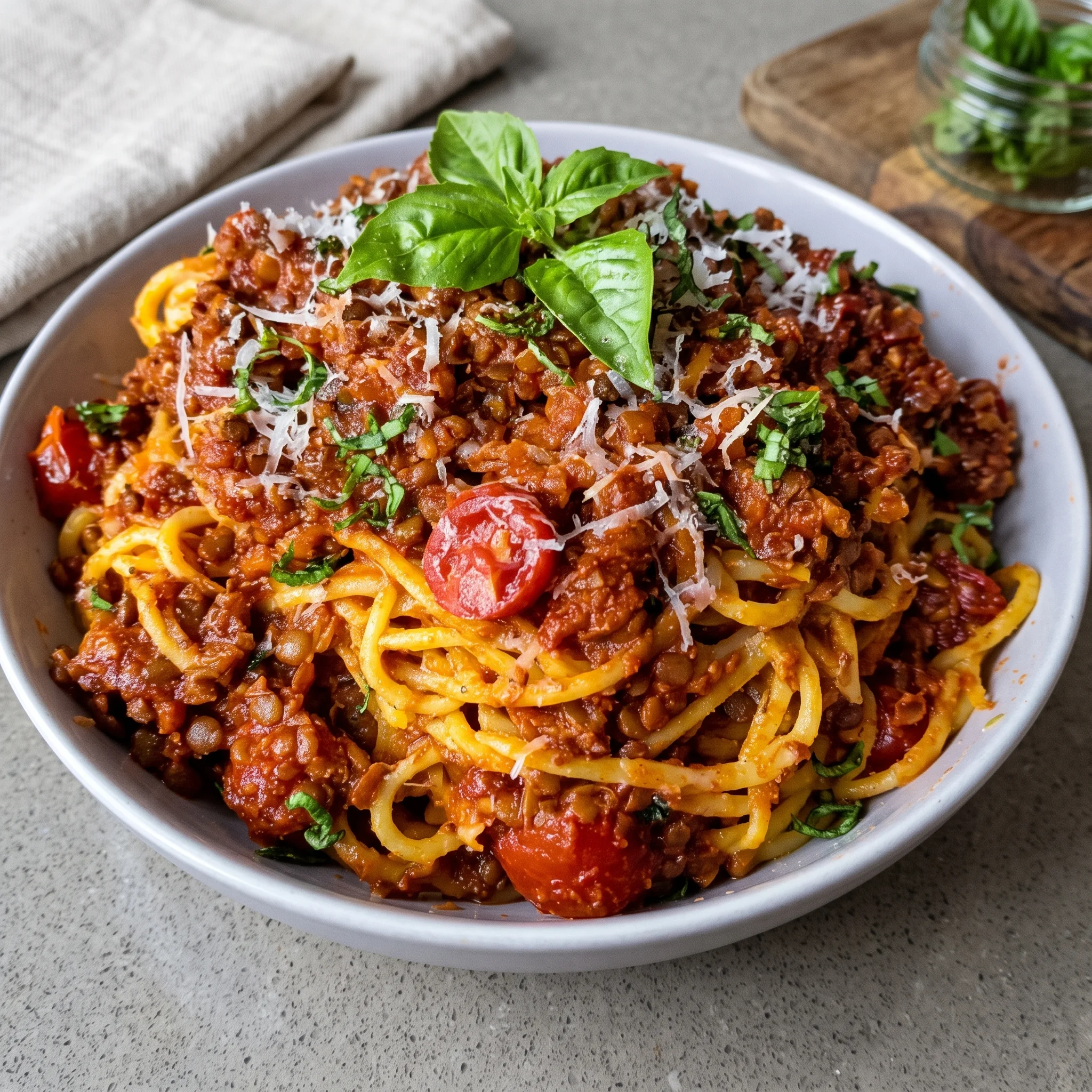 A bowl of vegetarische Linsenbolognese.