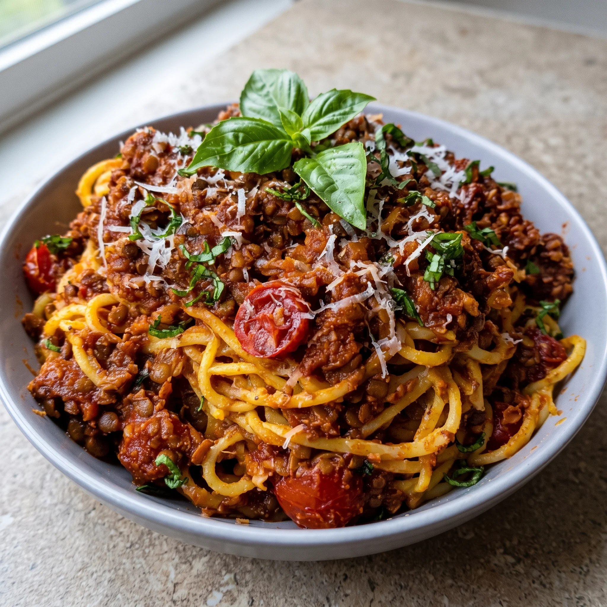 A bowl of vegetarische Linsenbolognese.