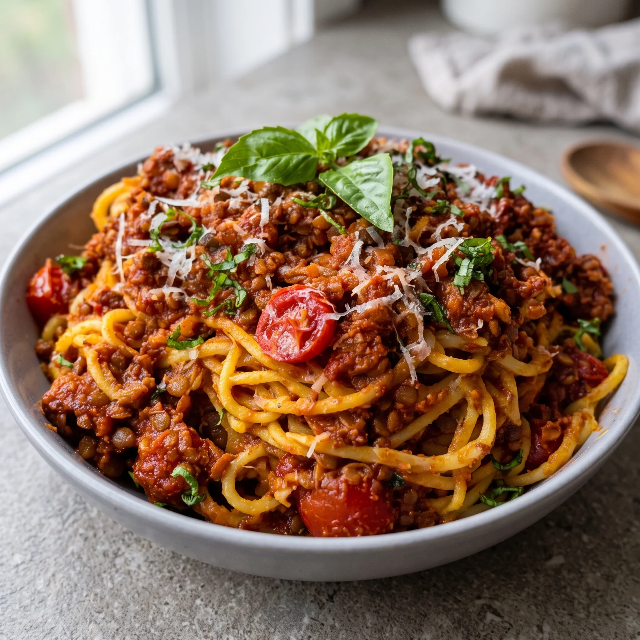 A bowl of vegetarische Linsenbolognese.
