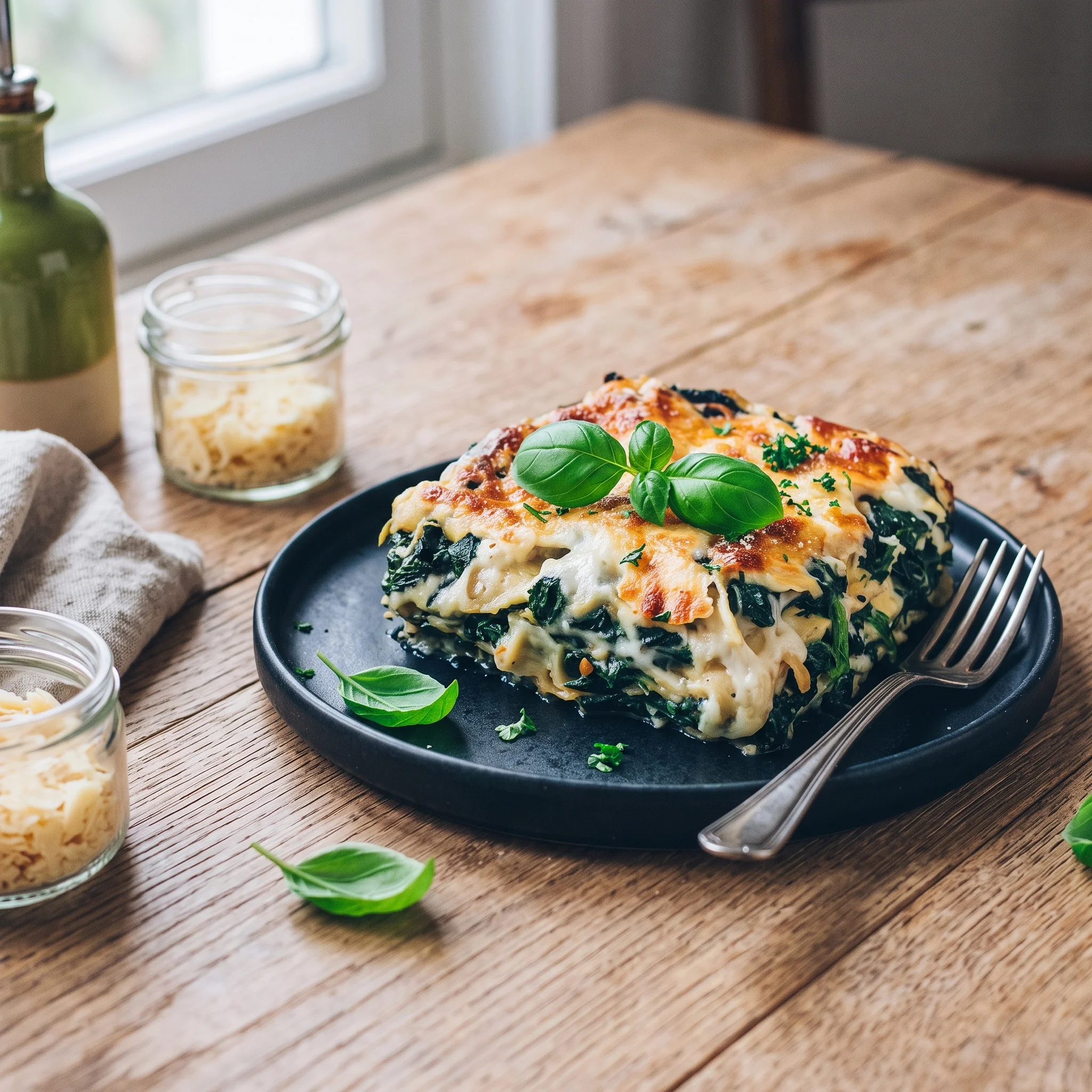 A plate of spinach lasagna with a fork on the side.