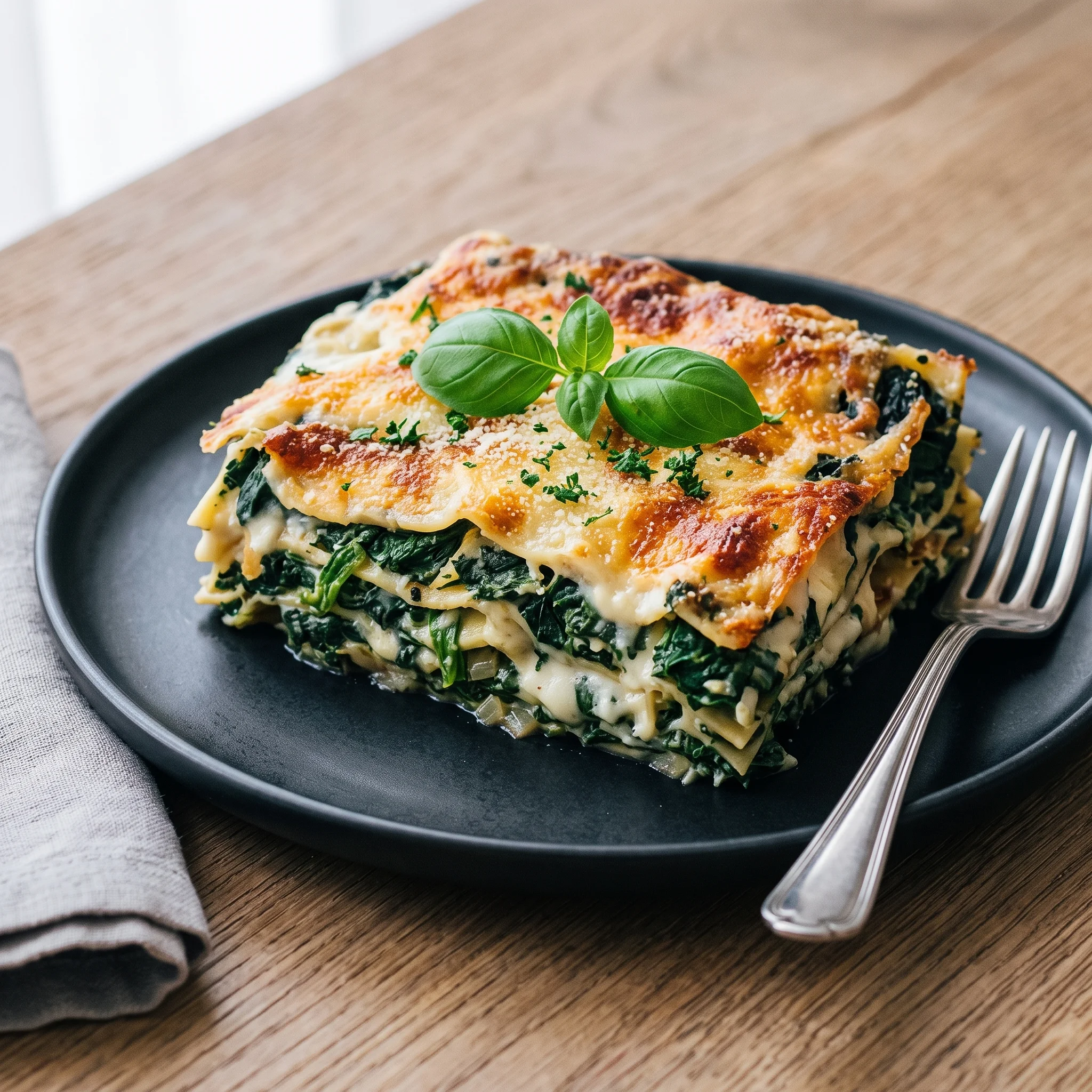 A black plate with a spinach lasagna on it.