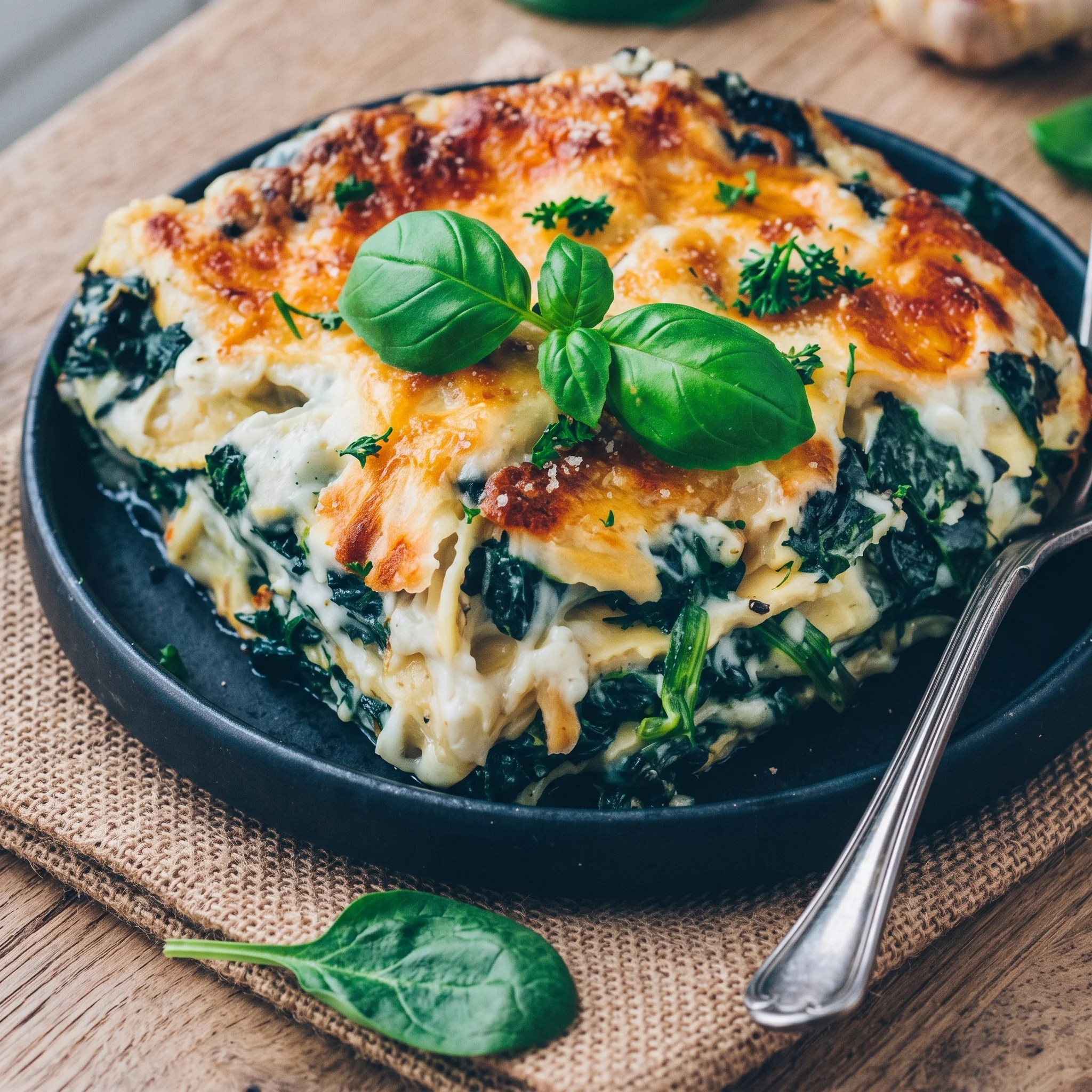 A plate of spinach lasagna with a fork on the side.