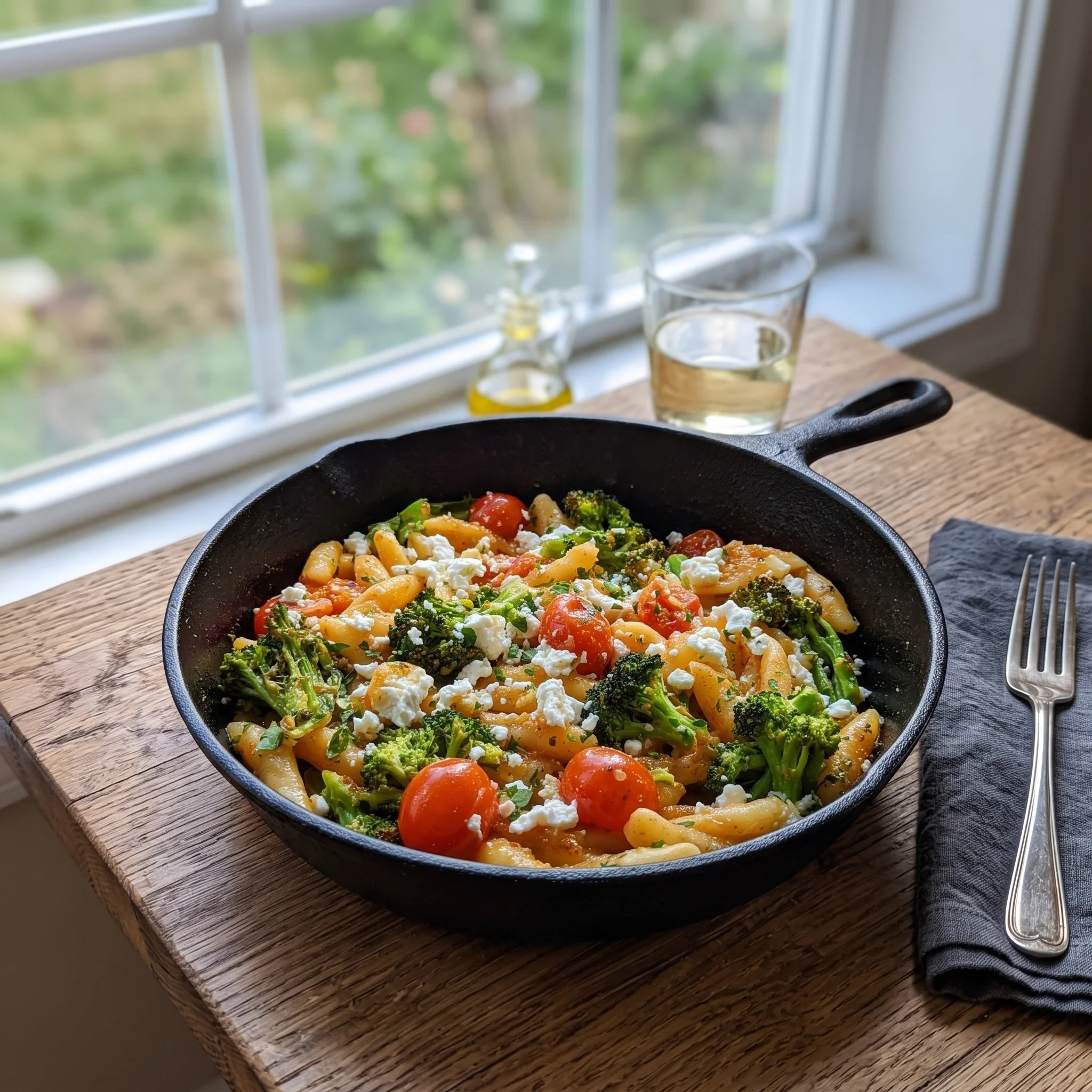 A bowl of pasta with broccoli, tomatoes, and feta cheese.