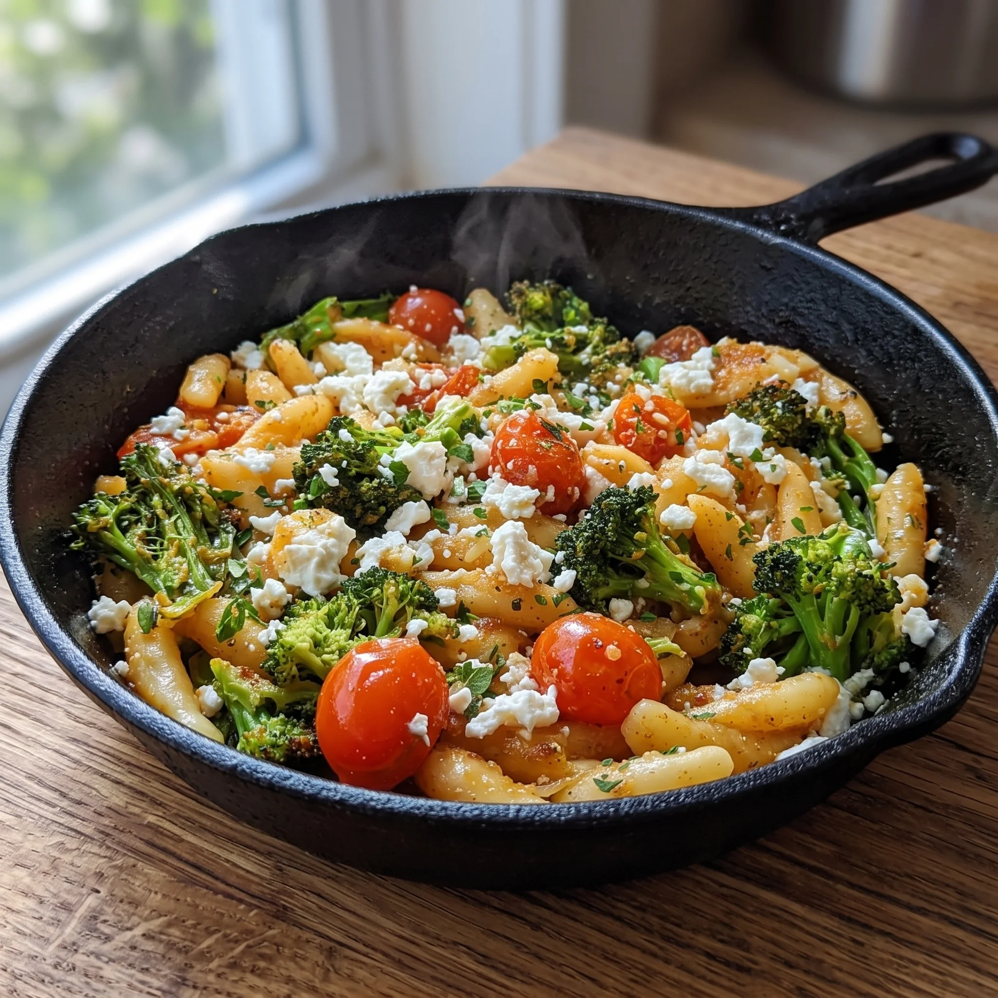 A pan of food with broccoli, tomatoes, and feta cheese.