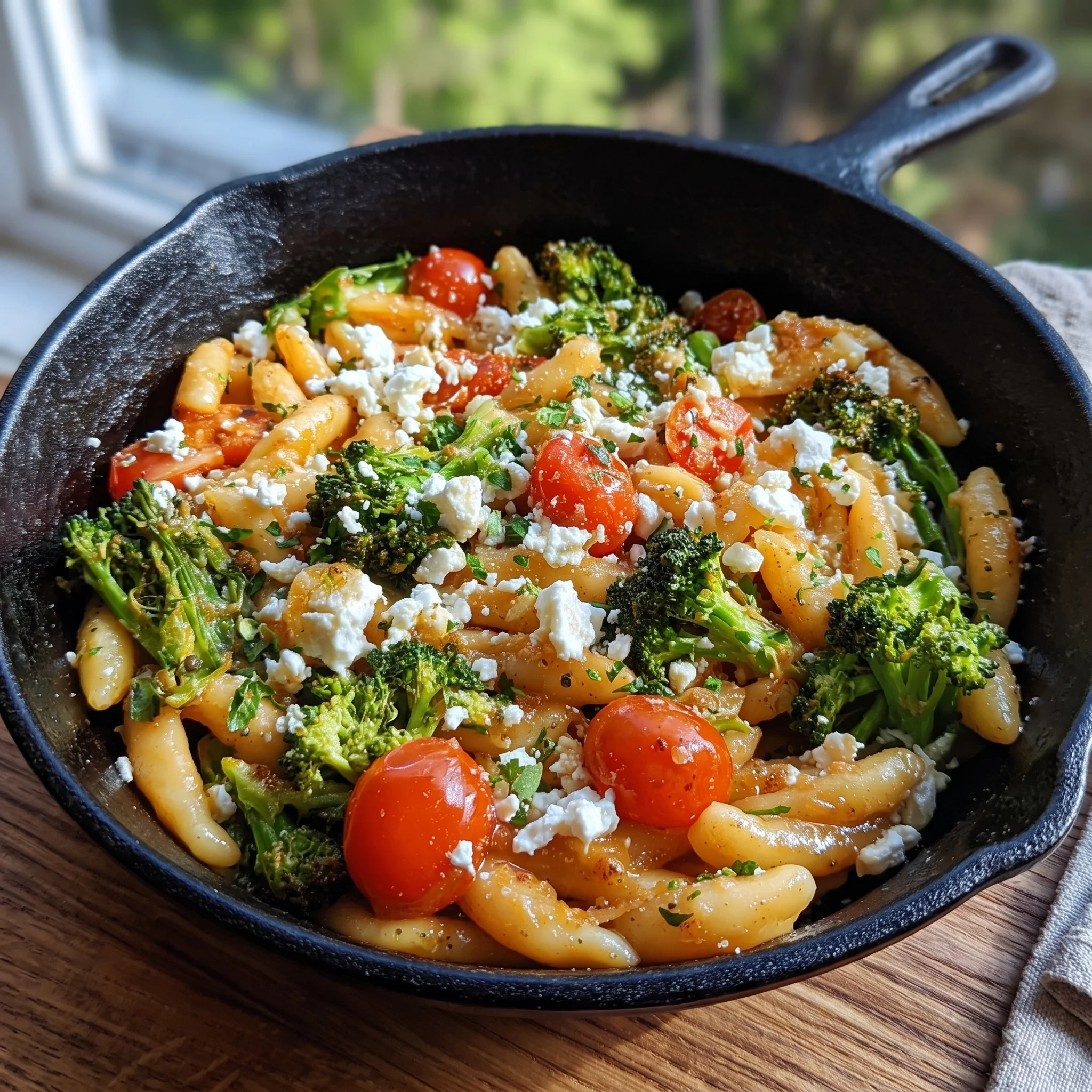 A black skillet filled with pasta, broccoli, tomatoes and feta cheese.