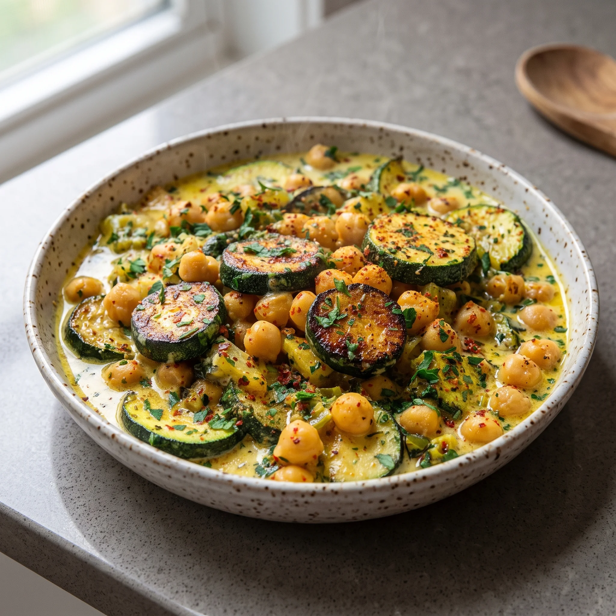 A bowl of food with zucchini, chickpeas, and a creamy sauce.