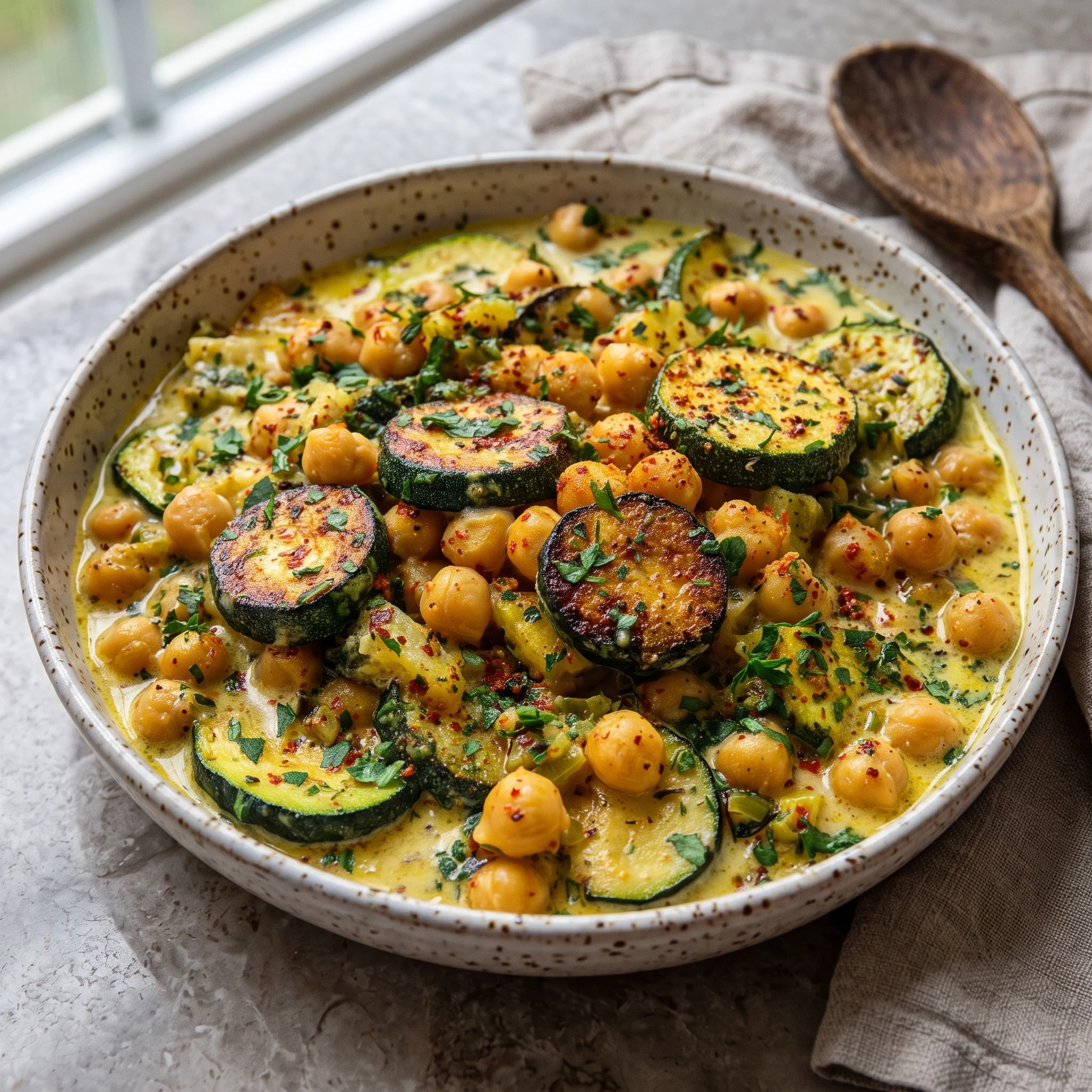 A bowl of food with zucchini, chickpeas, and spices.