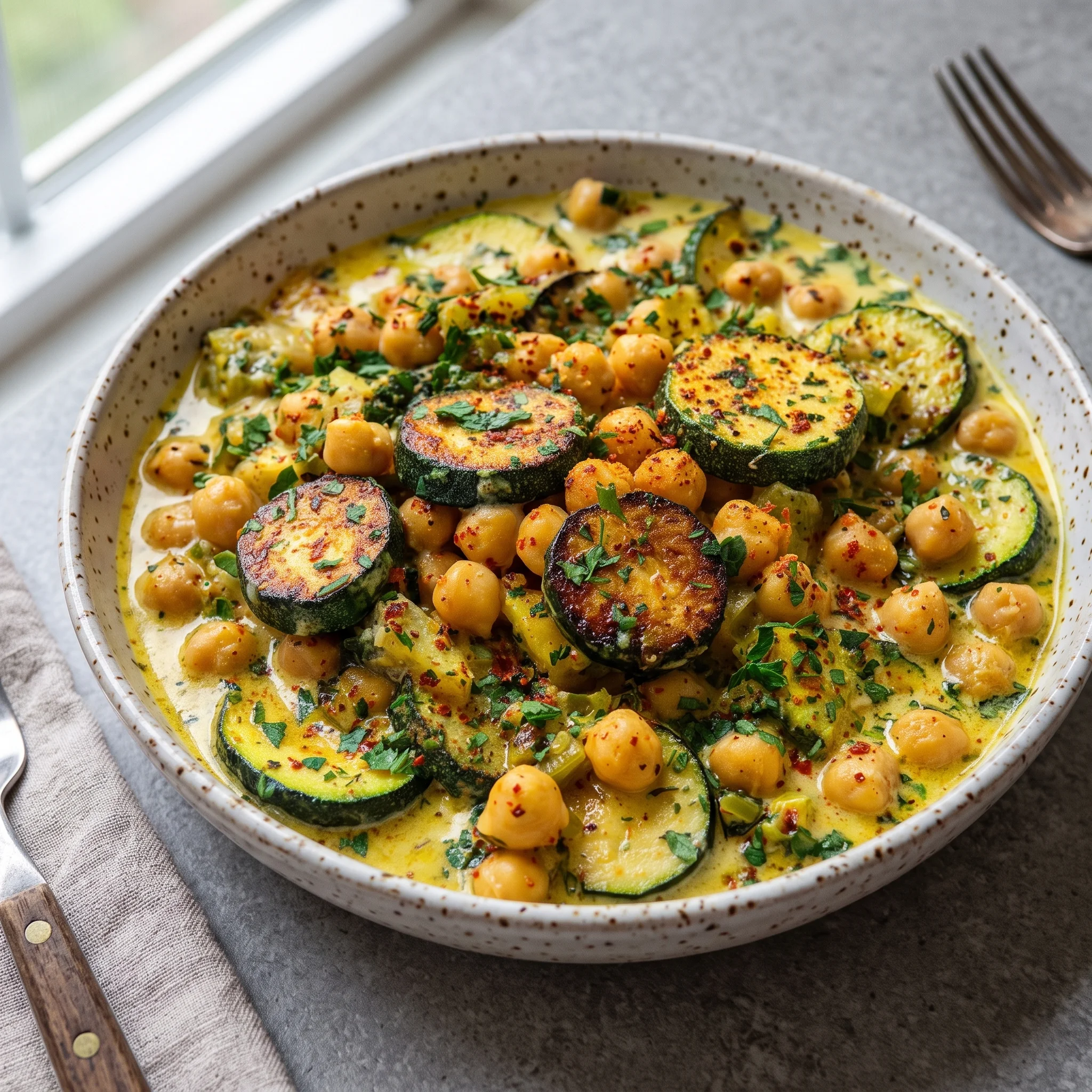 A bowl of food with zucchini, chickpeas, and spices.