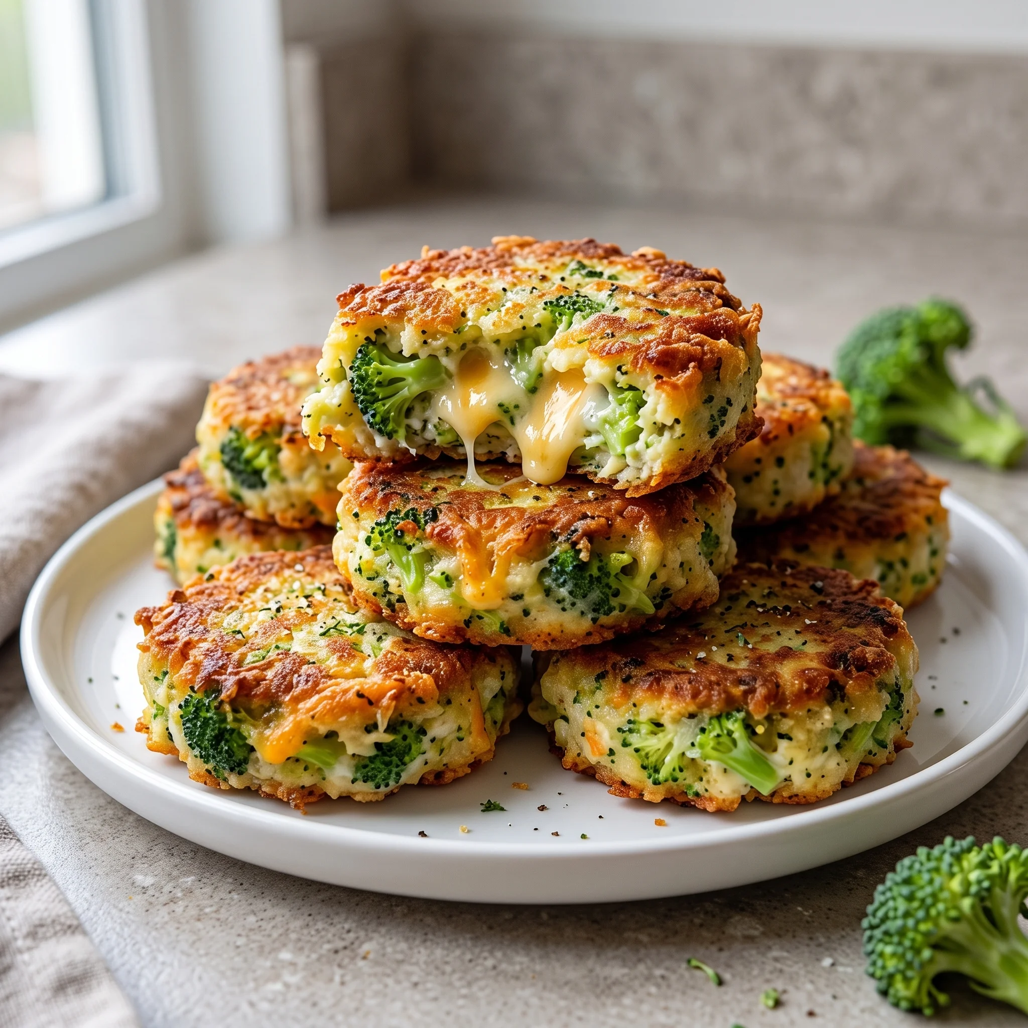 A stack of broccoli cakes on a plate.
