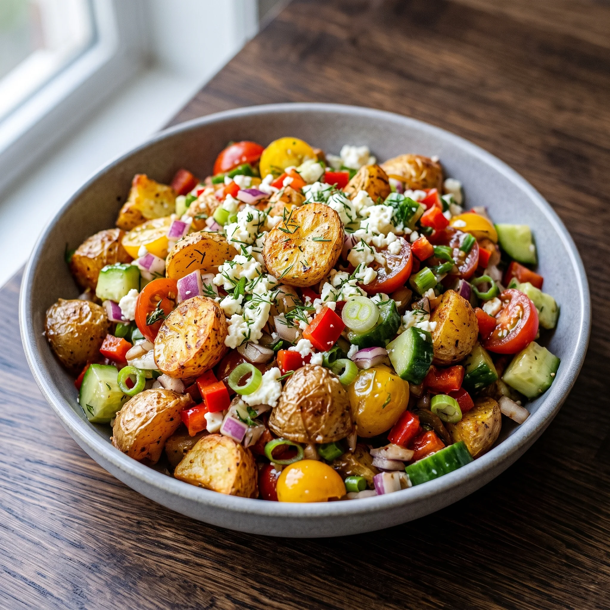 A bowl of vegetables including potatoes, tomatoes, and peppers.