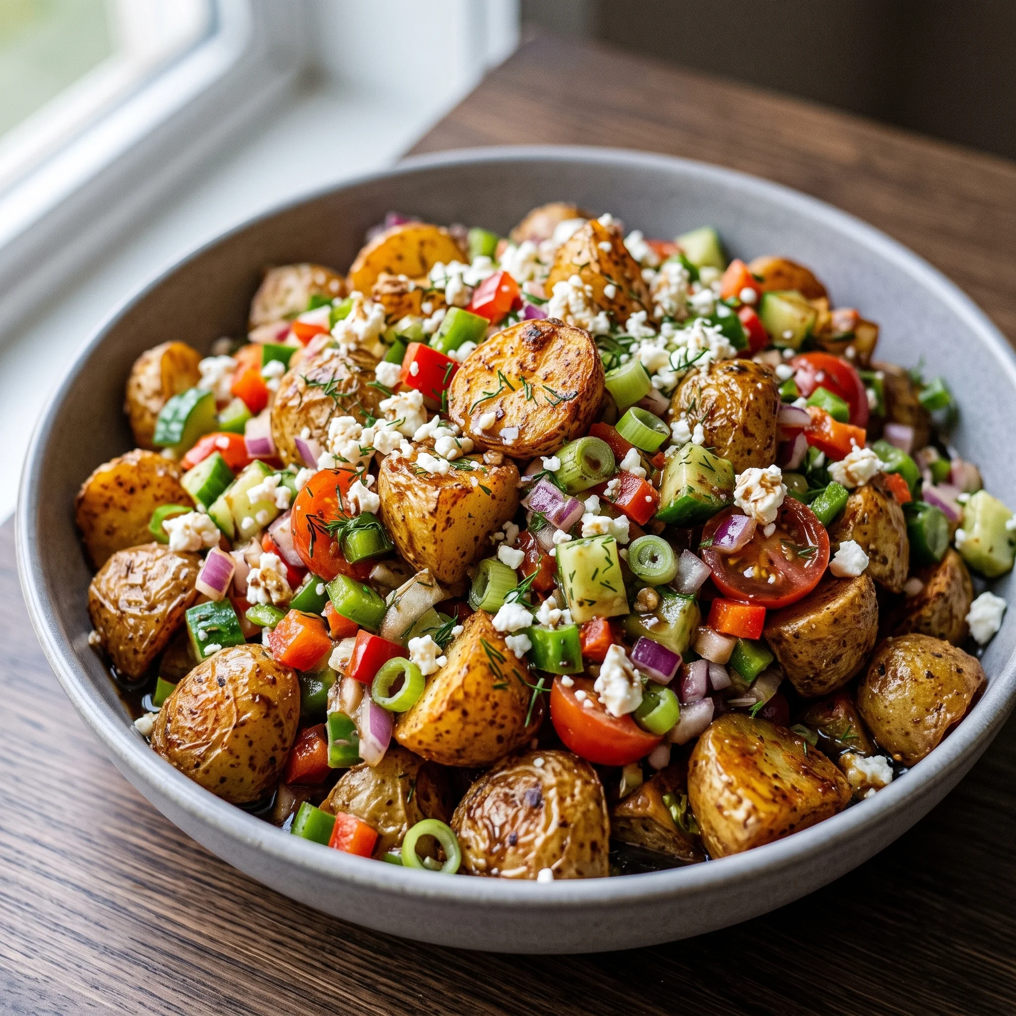 A bowl of vegetables with potatoes, tomatoes, and peppers.